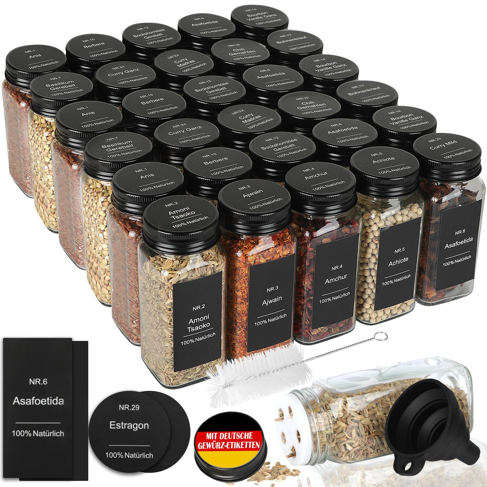 30er Set Gewürzgläser Eckig mit Streueinsatz - mit 324 Deutsch Wasserfeste Label - 120ml Luftdichte Gewürzgläser Schwarz - Gewürzstreuer Glas Organizer - Gewürzbehälter Spice Jars - Gewürzdosen Set