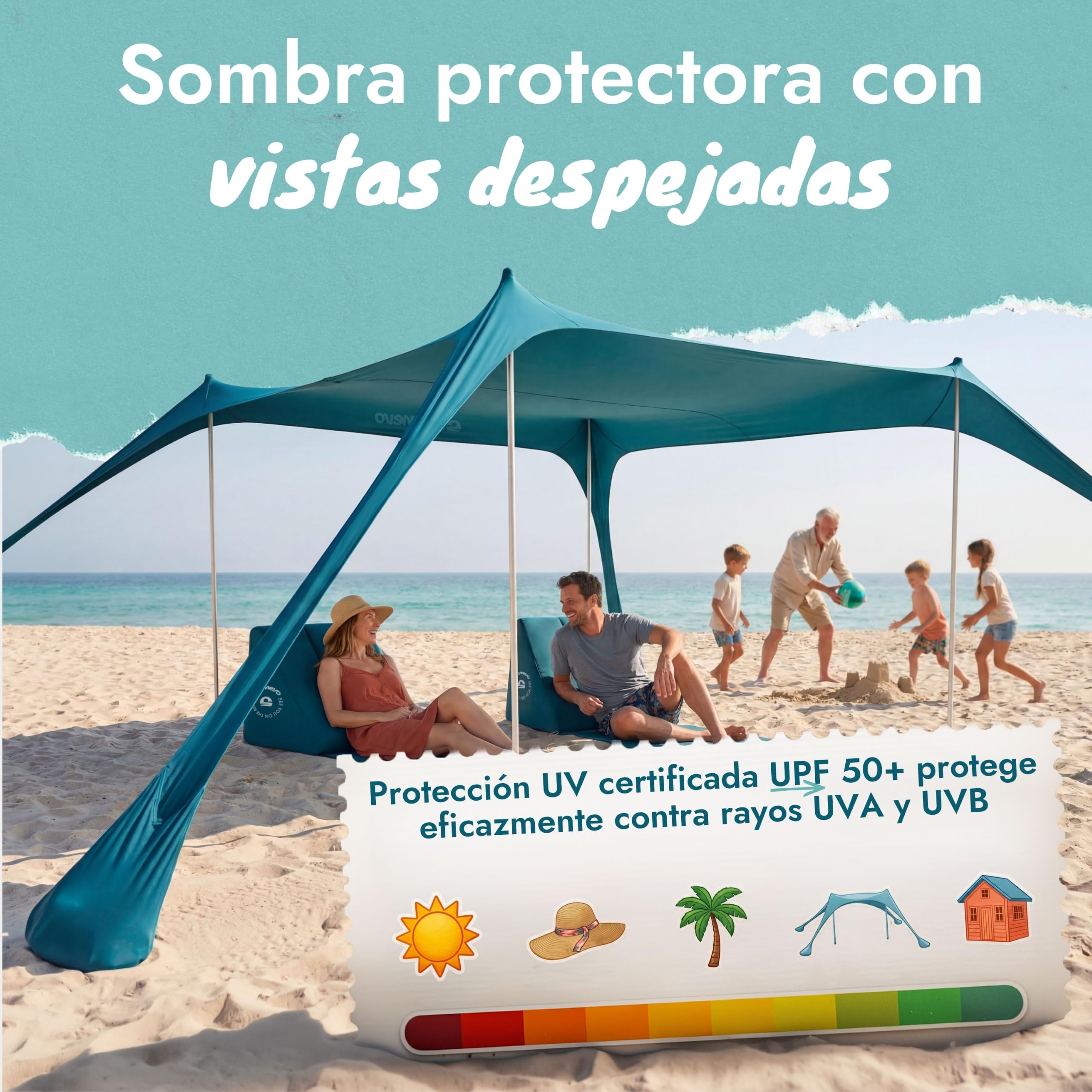 Tienda de Playa con toldo Solar UPF50+, 6 Personas, Azul Petróleo | Antiviento, Refugio de playa ligero, resistente al viento y ligera, tienda de playa de nueva generación