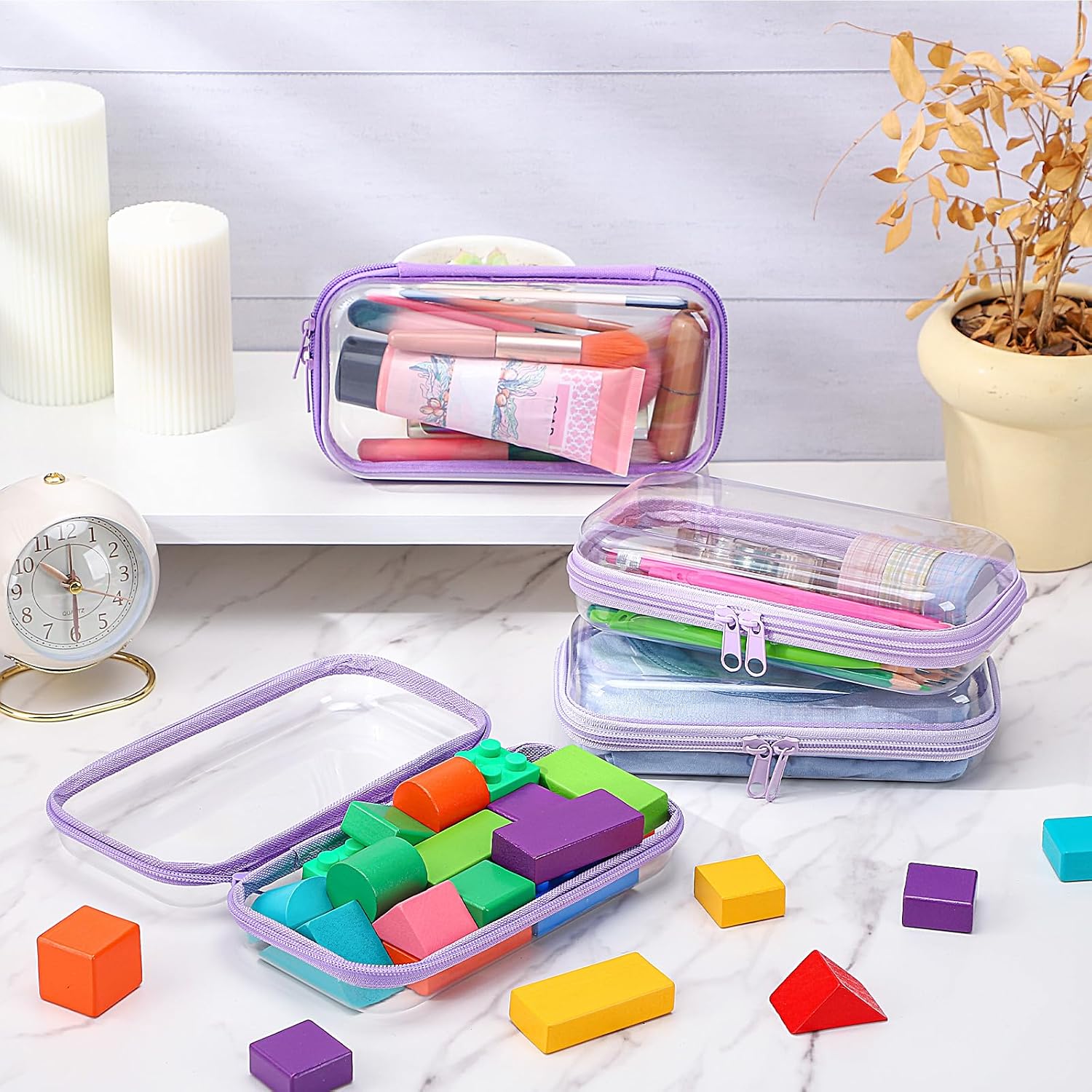 Hoolerry 4 Pcs Hard Clear Zipper Case Makeup Bags Plastic Zipper Pouch Transparent Storage Box Containers for Cosmetics, Snacks, Building Blocks, Puzzles(Clear,7.5 x 3.9 x 2 in,Purple)