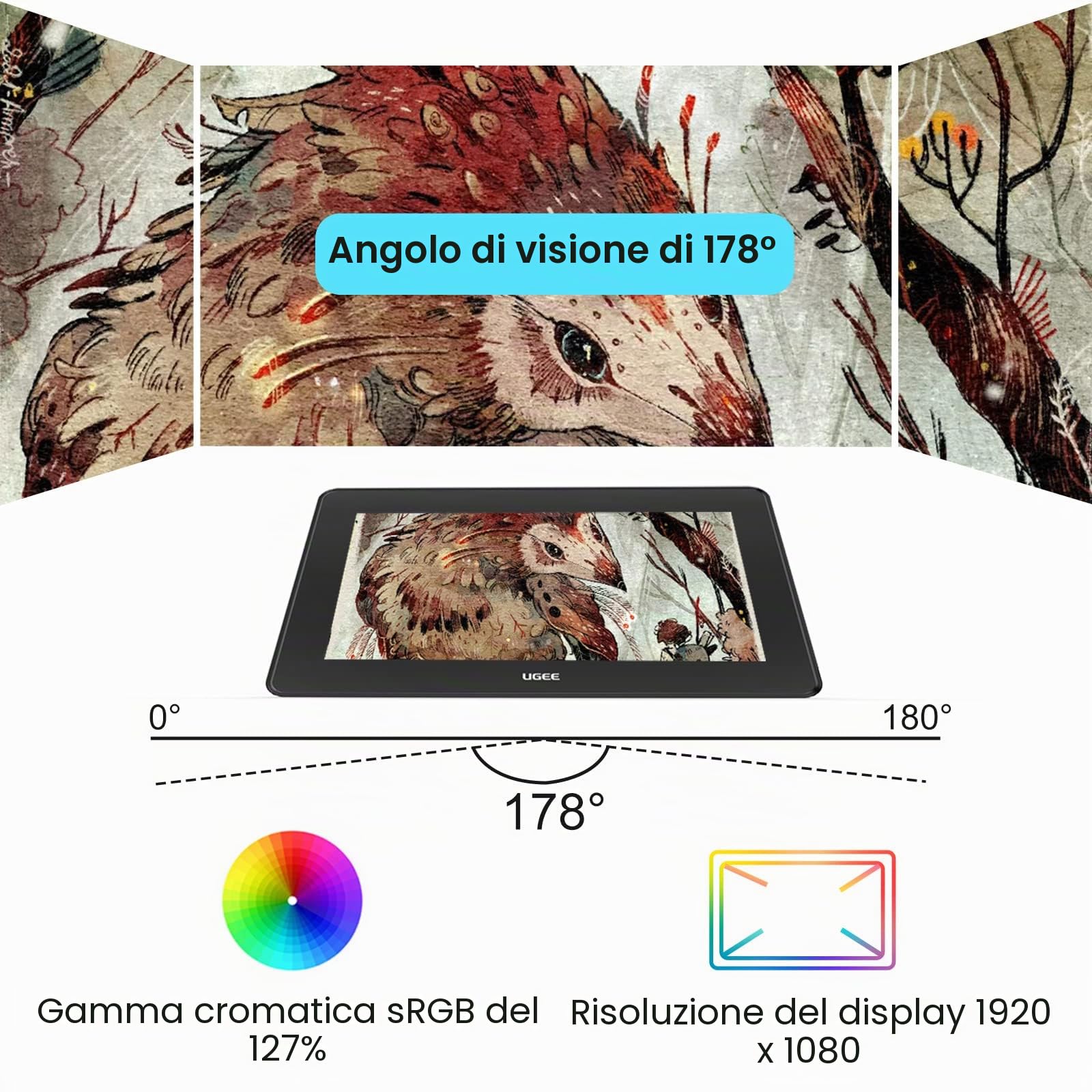 UGEE U1600 tavoletta grafica con schermo,15.4" FHD tavoletta grafica, SRGB 127% Monitor da Disegno,Compressa con film antiriflesso AG, Senza Batteria con 8192 Livelli con gomma digitale