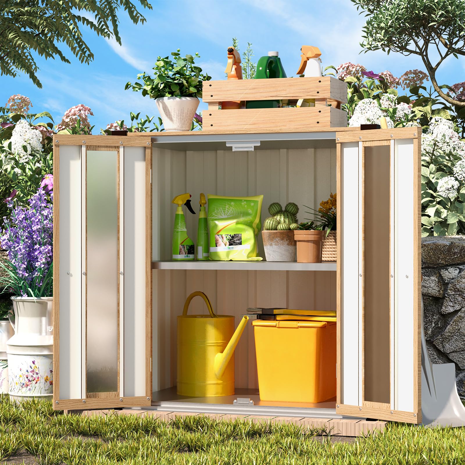 AECOJOY Outdoor Storage Cabinet Waterproof with Shelves, Small Vertical Garden Storage Sheds, Garden Sheds &amp; Outdoor Storage Cabinet Weatherproof for Patio Wood Grain