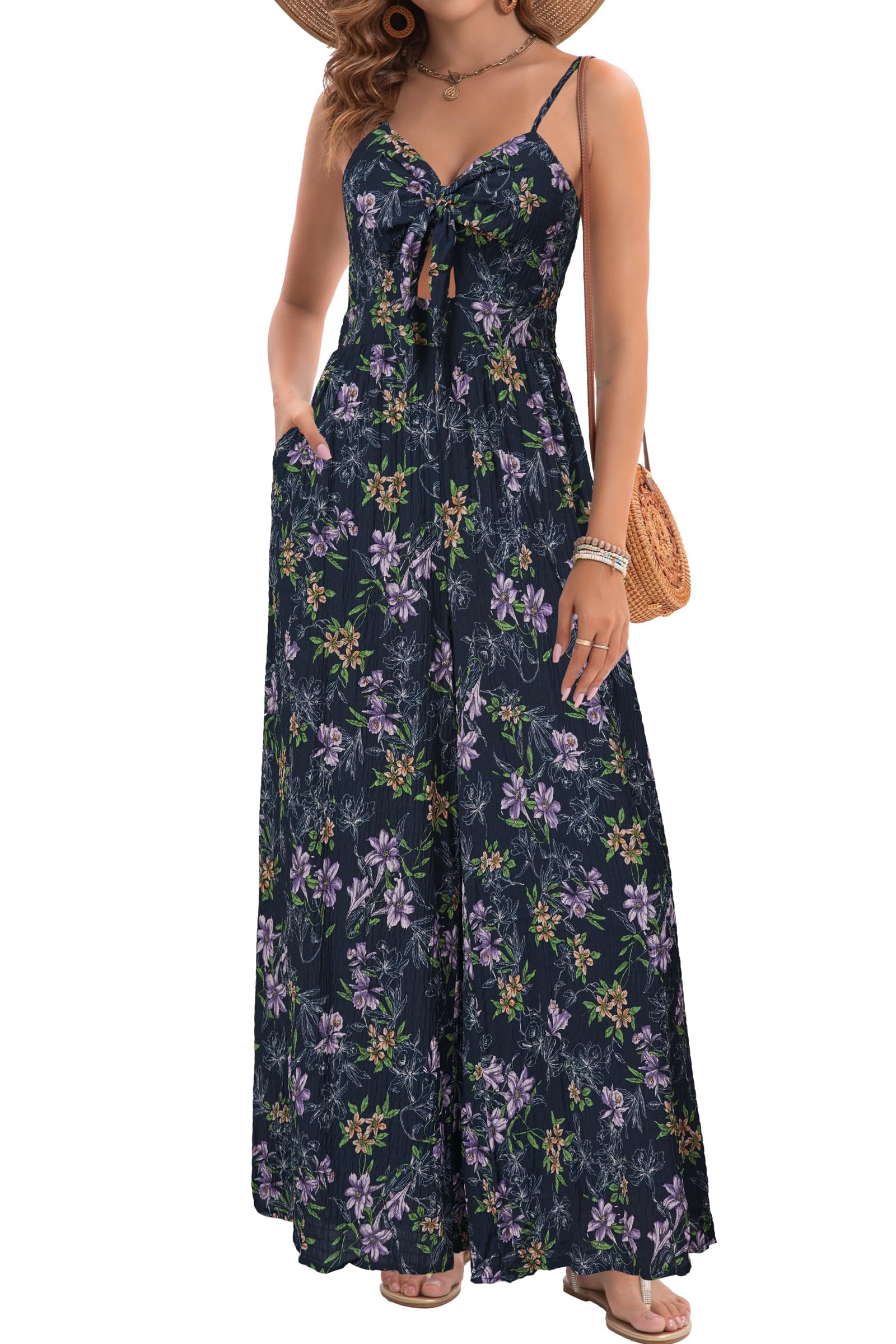 LAISHEN Tuta da donna, elegante, estiva, con pantaloni lunghi, per festa, matrimonio, pantaloni a gamba larga