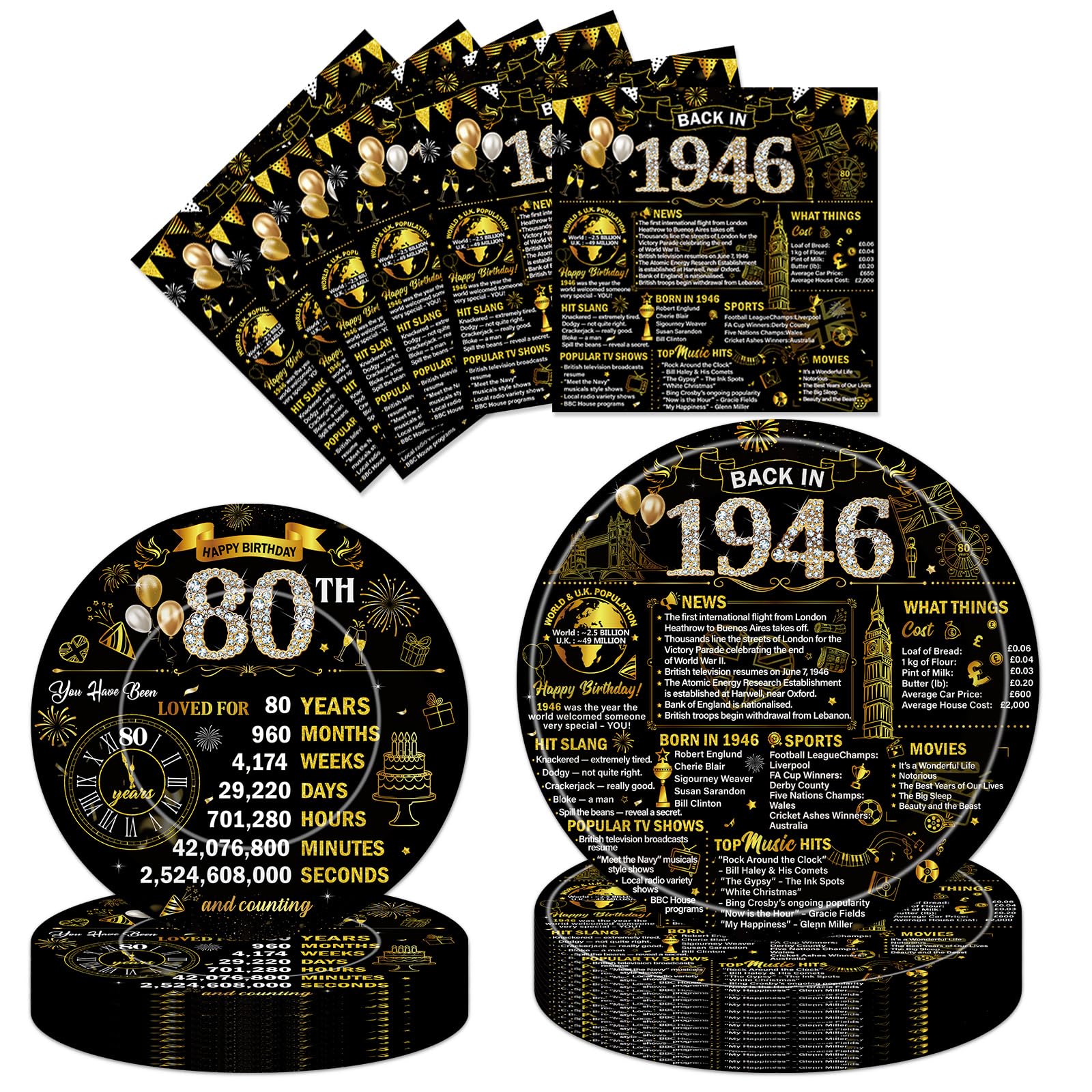 PURCAFT 72Pcs Black Gold Back in 1946 Paper Plates Napkins 80th Birthday Decorations Tableware Happy Birthday 80th Disposable Tableware Decor for Women Men 80 Year Old Bday Party Favor Serve 24 Guests