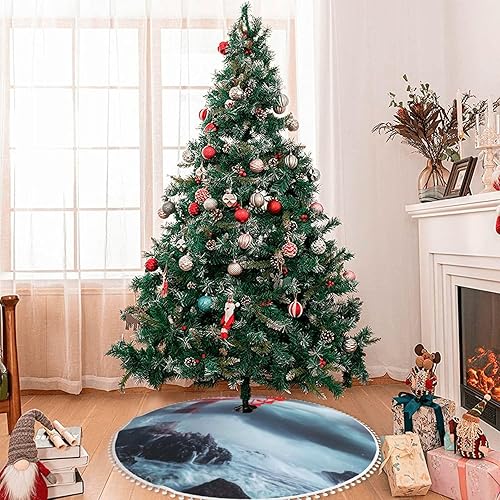 Vista 72 de Falda blanca para árbol de Navidad Let's Go Travel de 30 pulgadas con pompones esponjosos para árbol de fiesta navideña Vamos a viajar