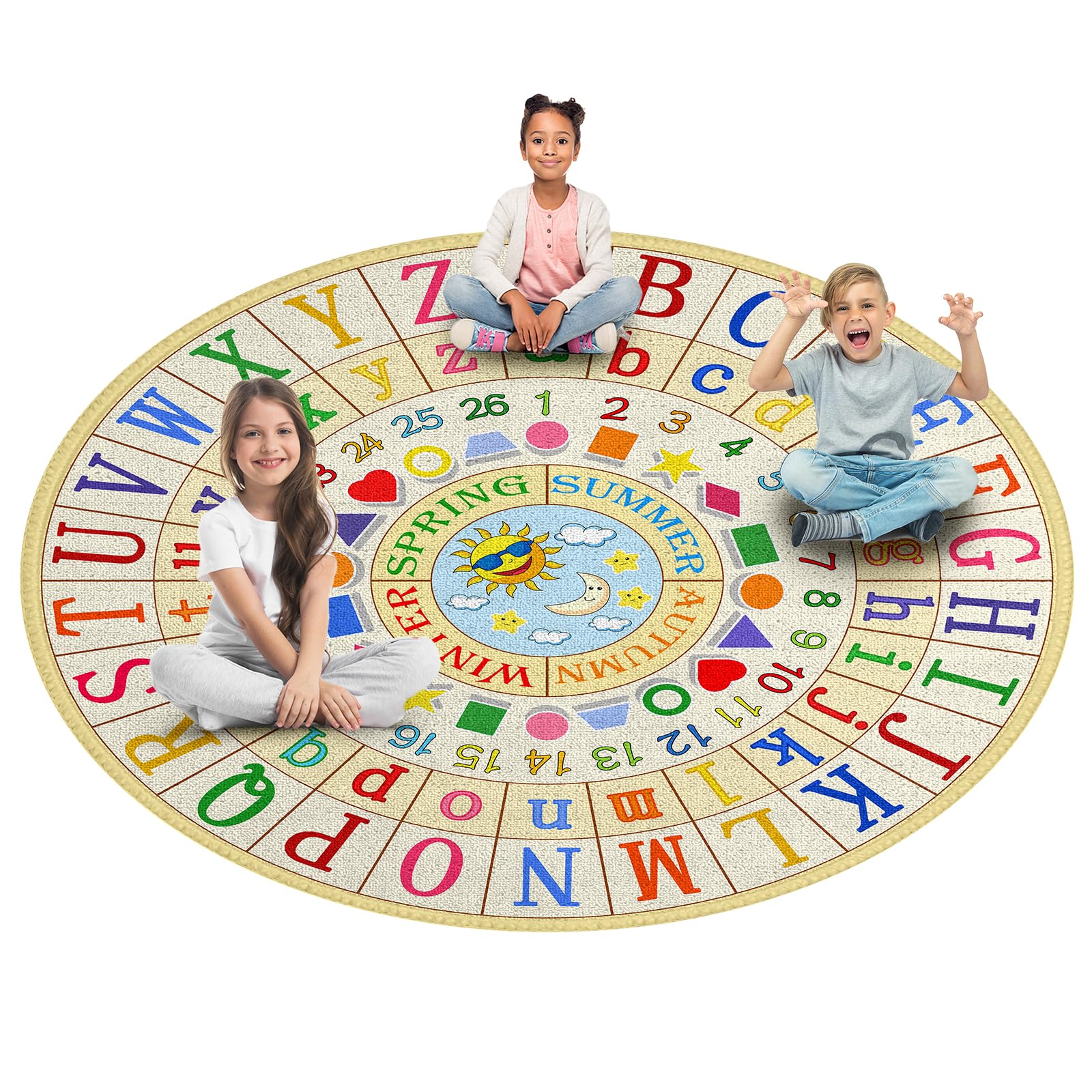 Booooom Jackson Kids Rug Alphabet Round Classroom Carpet 6'6'' for Daycare, Preschool, Library, Reading, Circle Time Rugs Educational Carpet Rubber Backing 79"OEKO-TEX STANDARD 100