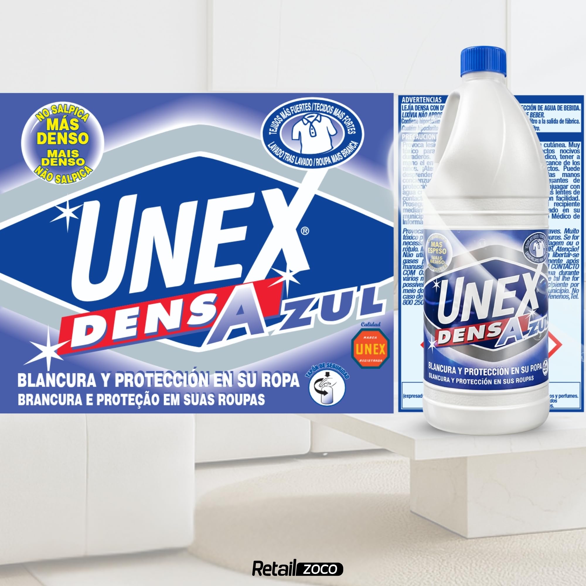 Lejía Densa Azul, ideal para blanquear y desodorizar ropa y superficies del hogar como suelos, azulejos, baños y cocinas, evitando salpicaduras y desinfectando a fondo, Contiene 1 botella de 2 Litros