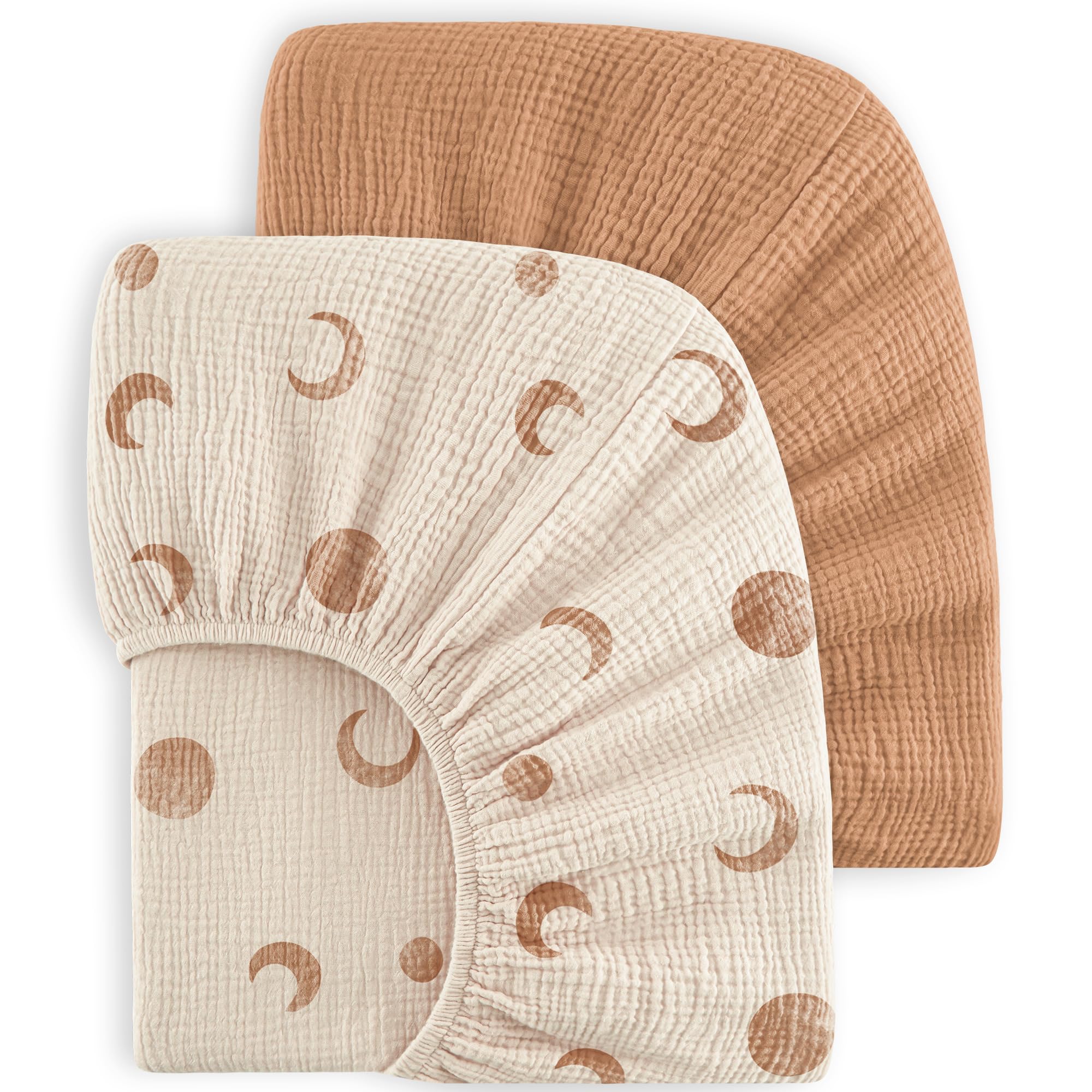 Bearmoss Muslin Crib Sheets 2Pack 100% Cotton Baby Bed Sheets 28"x 52" Soft&Breathable Fitted Crib Sheets for Standard Crib Mattress&Toddler Bed Mattress (Brown Moon)
