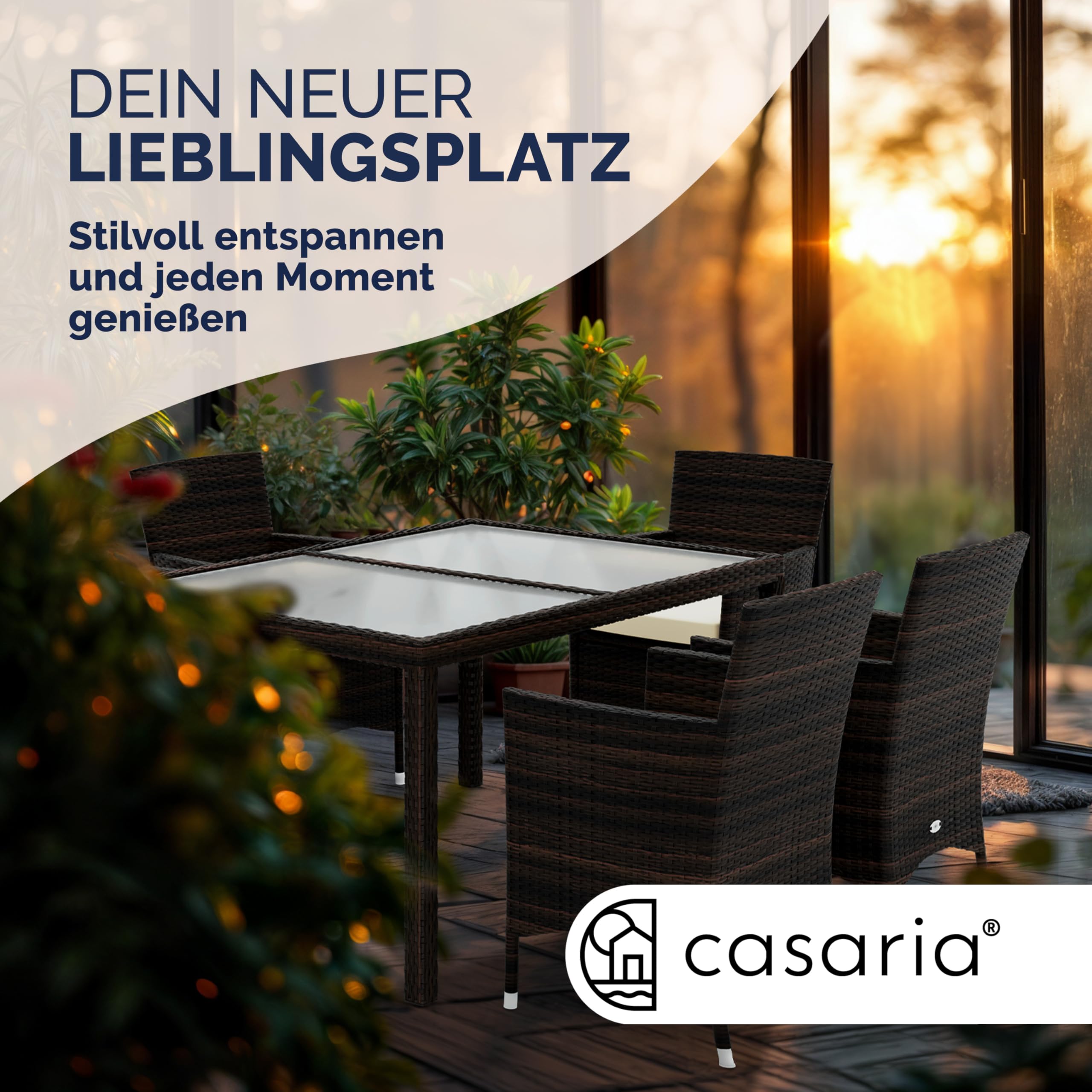 Casaria® Gartenmöbel Set 6 Personen Stühle inkl. 7cm Polster Tisch 150x90cm Balkonmöbel 160kg Belastbar Wetterfest Polyrattan Stapelbar Terrasse Möbel braun