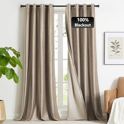 GIGIZAZA Cortinas 100% opacas de terciopelo gris pardo de 84 pulgadas de largo, 2 paneles para sala de estar, cortinas térmicas beige con forro
