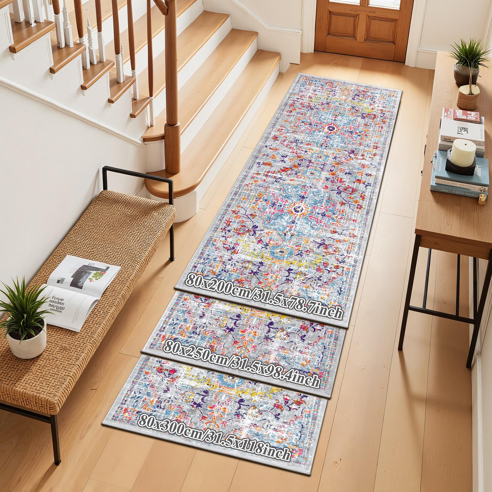 SHACOS Teppich Läufer 80x300 cm Weicher Läufer Flur Waschbar Boho Teppichläufer rutschfest Flur Teppich für Wohnzimmer, Schlafzimmer, Küche, Bunt