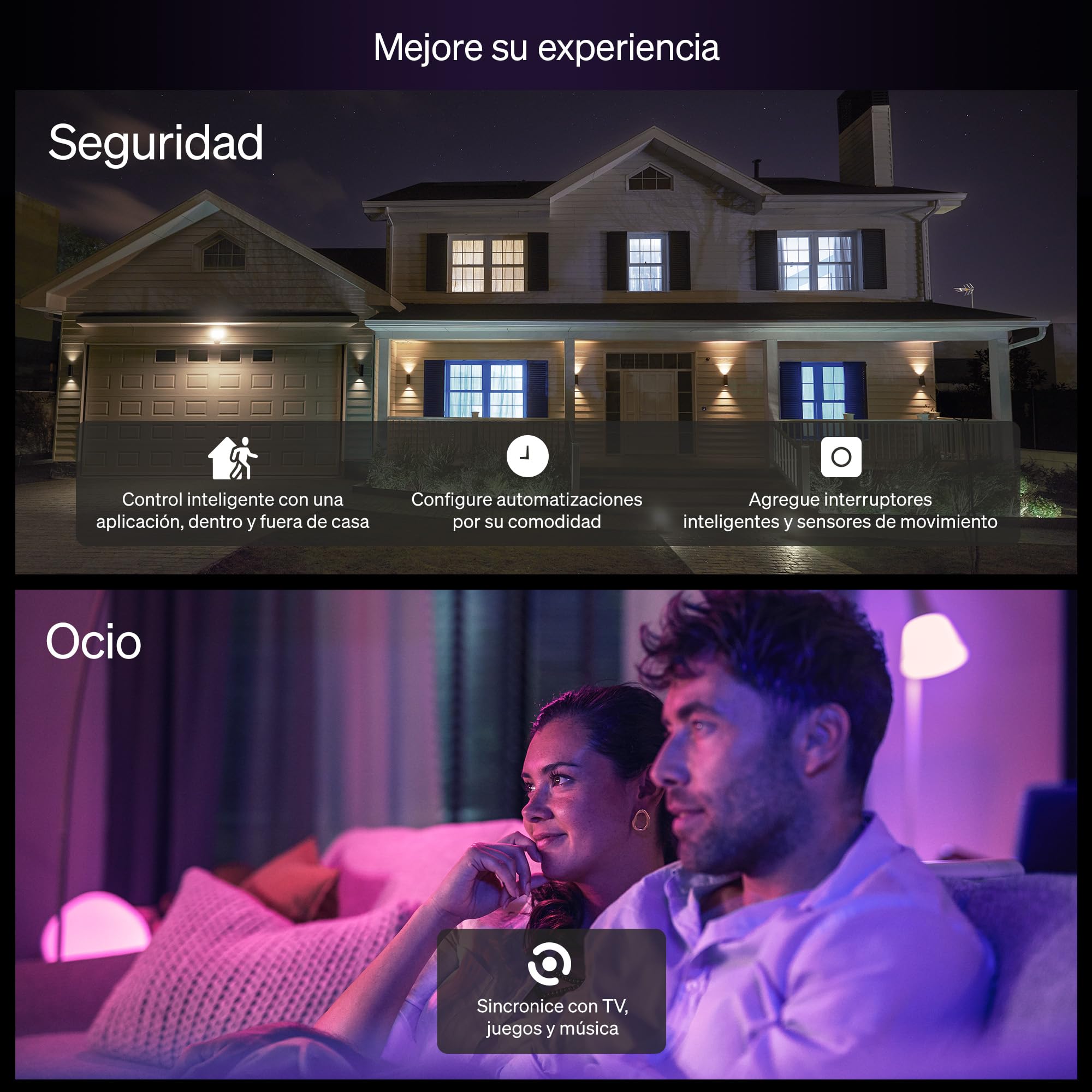 Philips Hue Essential - Bombilla Led Inteligente A60 Smart (4), luz blanca y colores, luminaria led E27 Base, 8 W, 2200 K-6500 K, 806 lm, regulable, compatible con Alexa, Google Assistant y Apple Home