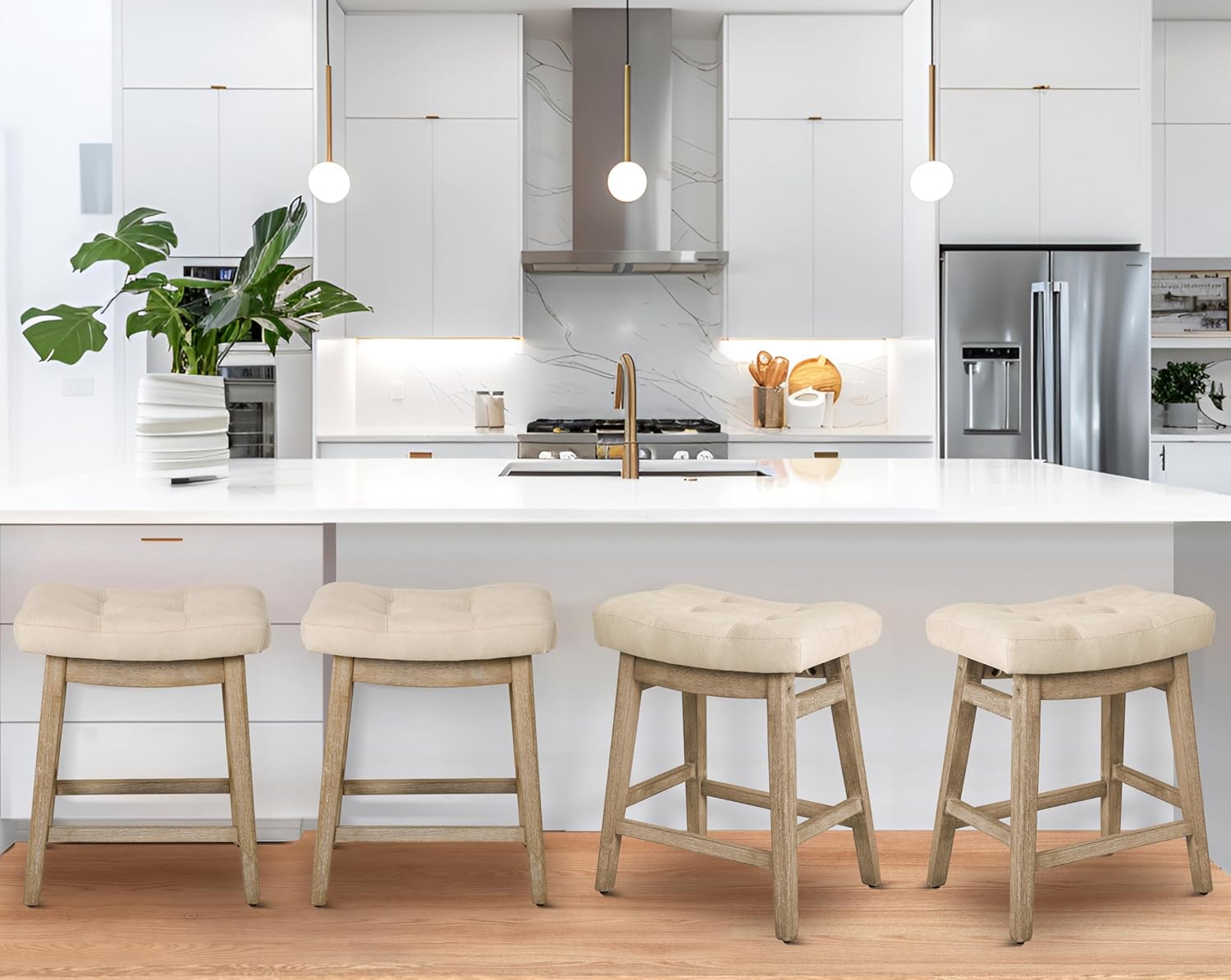 Counter Height Bar Stools Set of 4 for Kitchen Counter Farmhouse Modern Barstools with Upholstered Fabric Backless Seat and Solid Wood Legs 24 inch Bar Chairs, Khaki + Wood Color