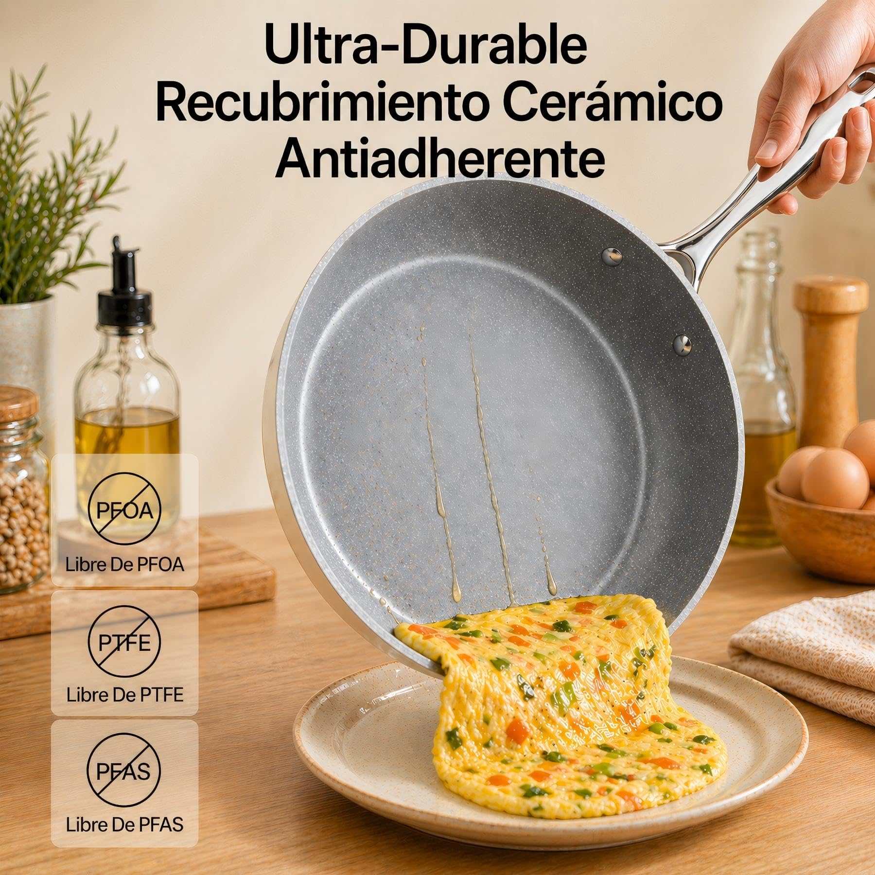 Juego de 3 Sartenes Antiadherentes 20/24/28cm, Sarten de Induccion Con Revestimiento Ceramica, Apto Para Lavavajillas, Sin PFOA ni PTFE ni PFAS, Blanco Lechoso