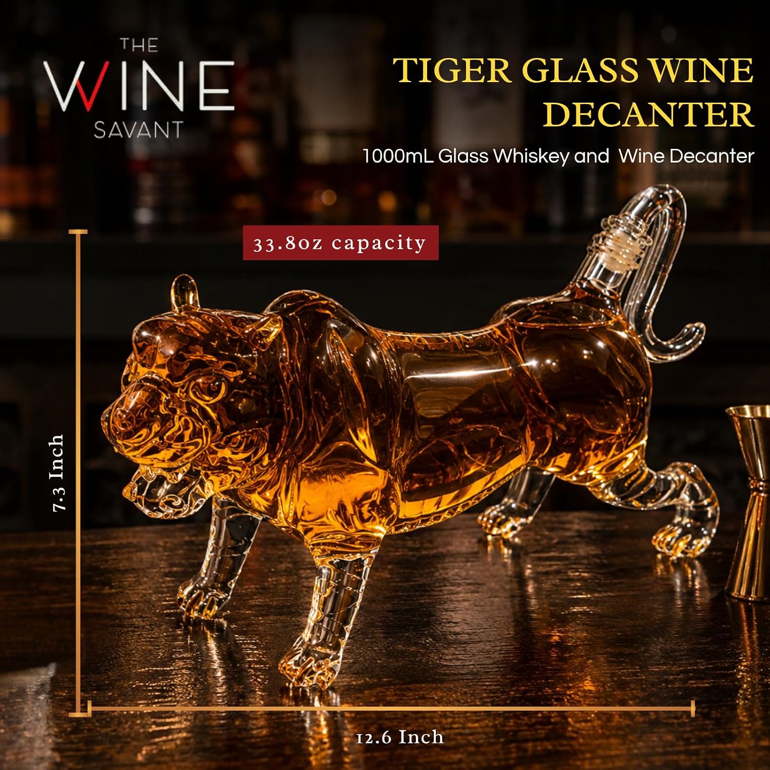 Tiger Decanter 1000ml 11"L Whiskey and Wine Decanter by The Wine Savant 7"H, Tiger Glass Decanter For Whiskey, Scotch, Spirits, Wine image 2