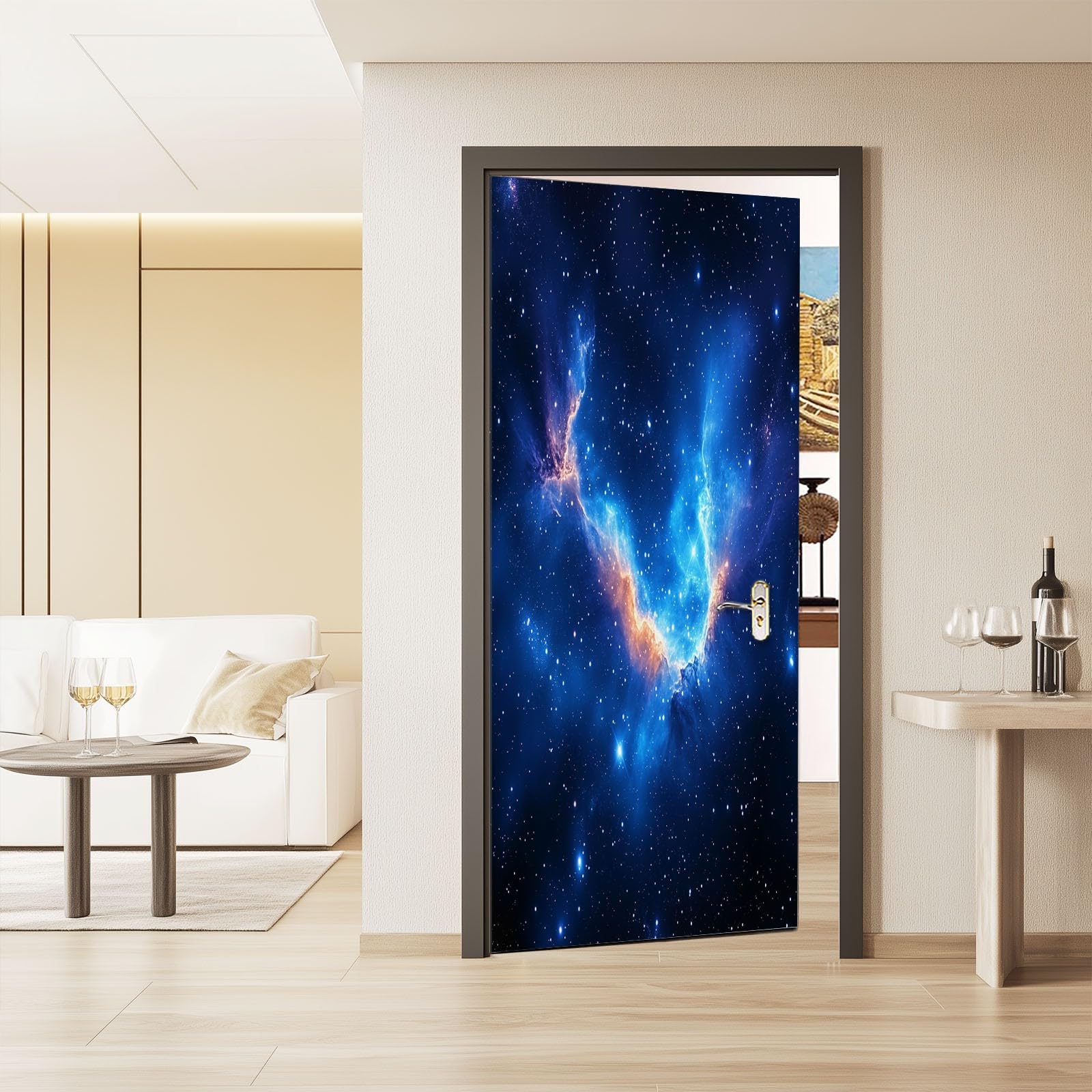 Fantasy Art naklejka na drzwi, wszechświat, gwiaździste niebo, mgła, tapeta na drzwi dla dzieci, do sypialni, 95 x 215 cm (szer. x wys.), naklejka na ścianę, fototapeta, dekoracja pokoju dla dzieci