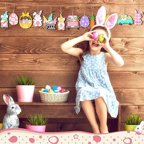 Miniatura 4 de 36 adornos de madera de Pascua con recortes de árbol de Pascua, huevos de madera, gnomo, conejo, zanahoria, cesta de zanahoria, adornos colgantes de