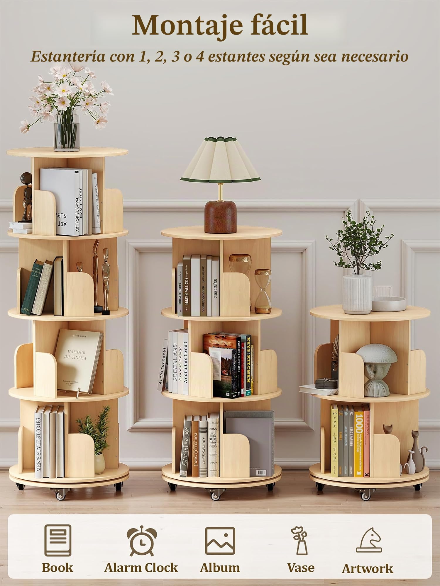 Estantería giratoria extraíble de 360° de 4 niveles, estantería giratoria con ruedas, almacenamiento de libros, estante de exhibición de libros, estante de pie para sala de estar, dormitorio
