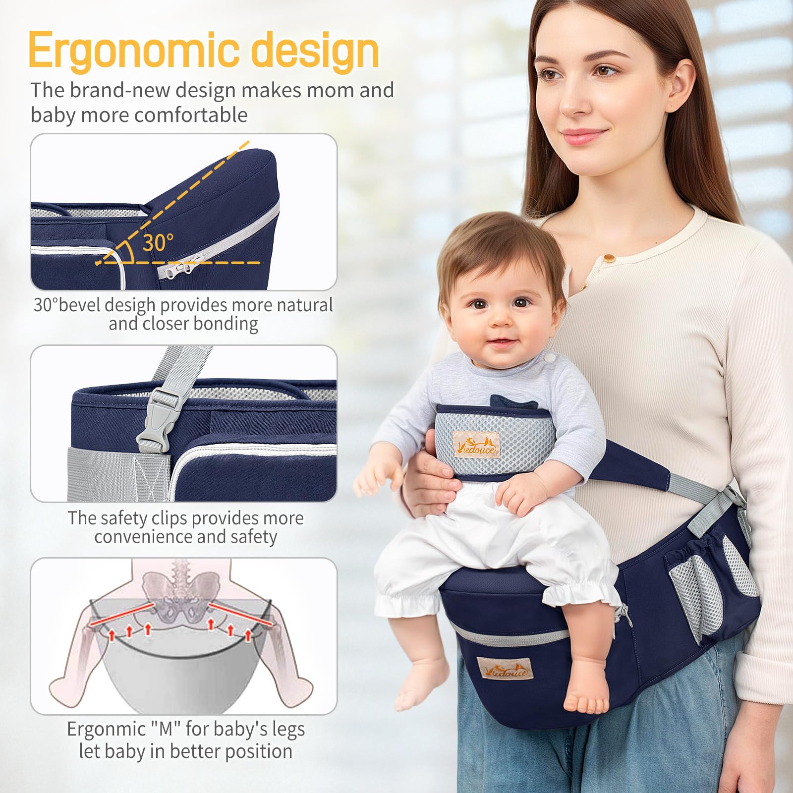 Viedouce Portabebé Ergonómico Asiento de Cadera,con Protección del Cinturón la Seguridad,Algodón Puro Ligero,Taburete de Cintura de Posición Múltiple por Bebé Niños 4-36 Meses(Azul Oscuro)