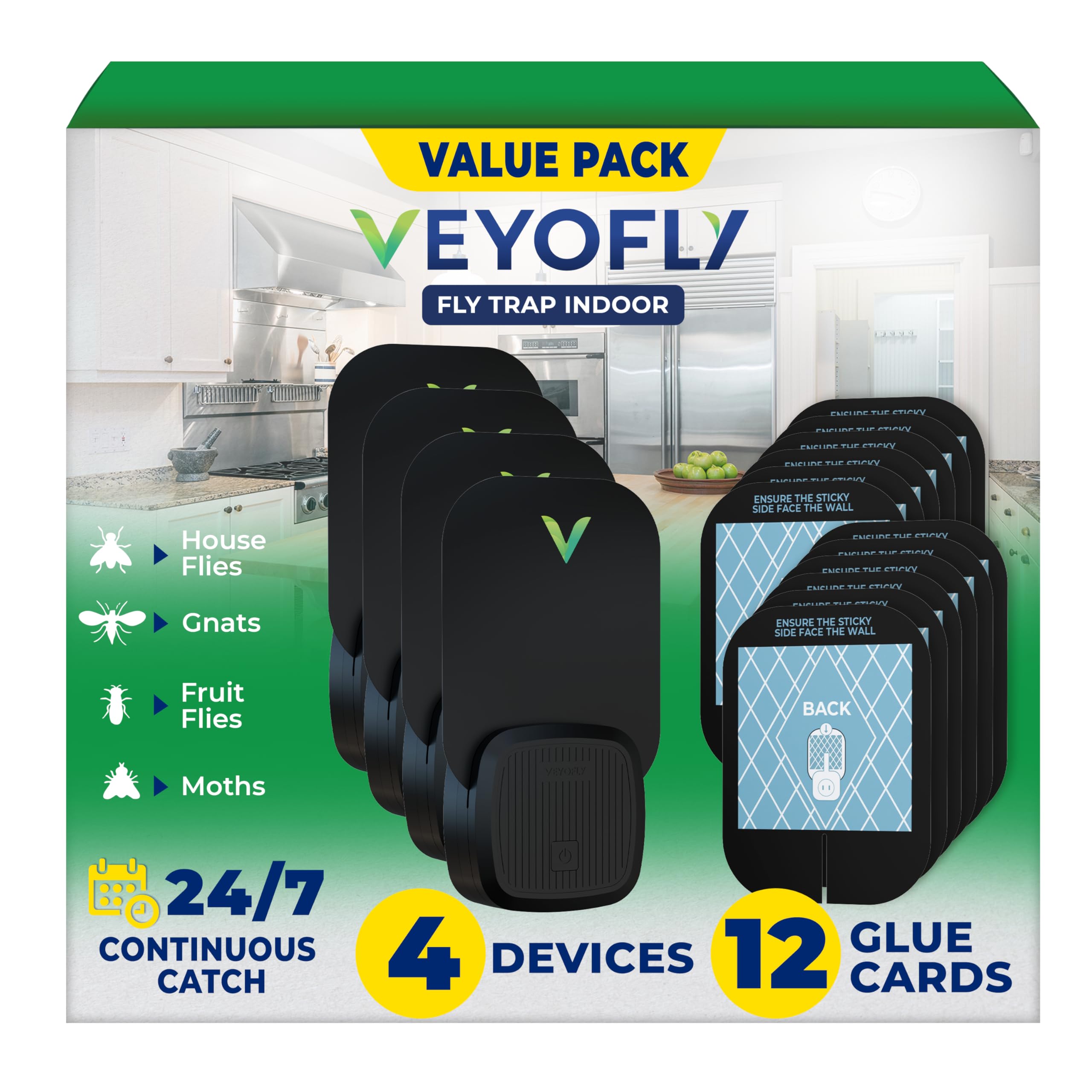 VEYOFLY Fly Trap Indoor, Fruit Fly Traps for Indoors, (4 Device + 12 Refills) Gnat Traps for House Indoor, Fly Catcher Indoor, Plug in Light Flying Insect Trap, Bug Light Killer, Fly Trap