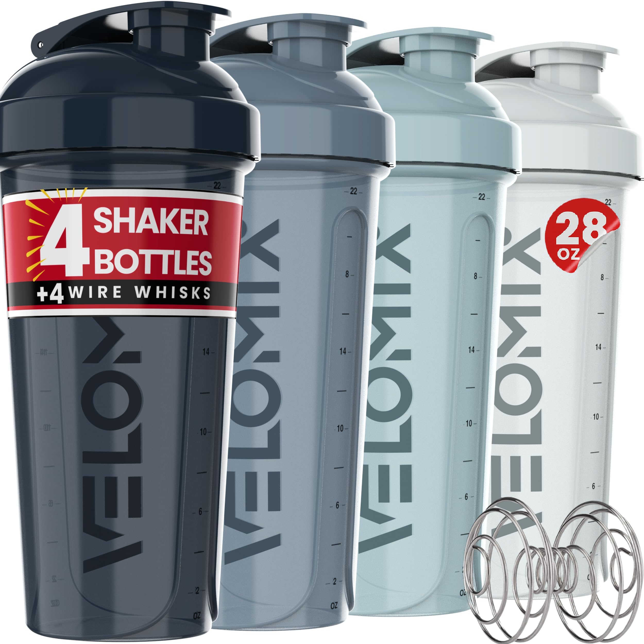 VELOMIX -4 PACK 28 Oz Protein Shaker Bottle for Protein Mixes - 4x Wire Whisk | Leak Proof Shaker Cups for Protein Shakes | Large, Stackable Protein Shaker Bottles Pack | Dishwasher Safe (Aqua Depths)