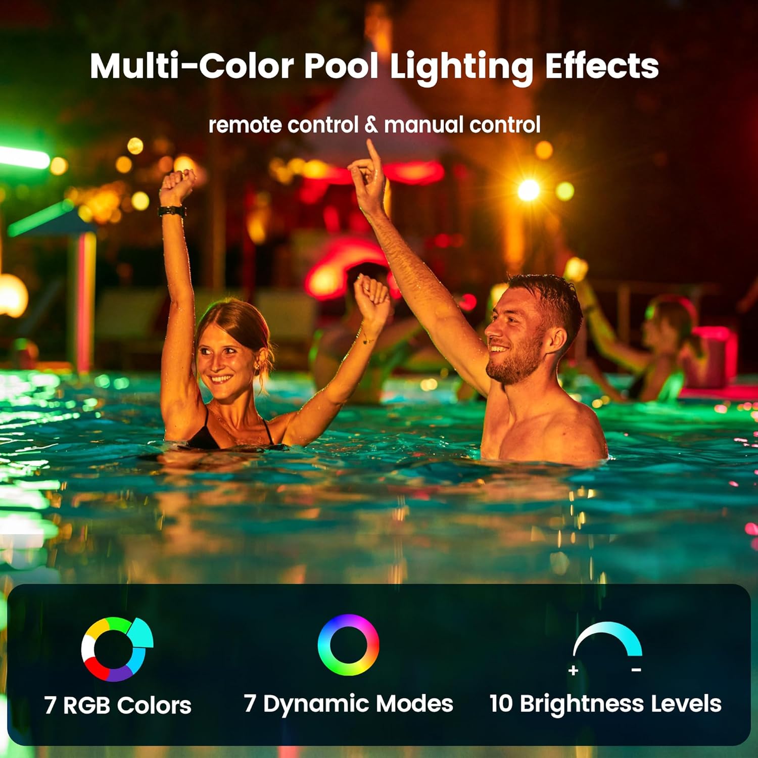 Pool with multi-color lighting effects, illustrating the 7 RGB colors and 7 dynamic modes