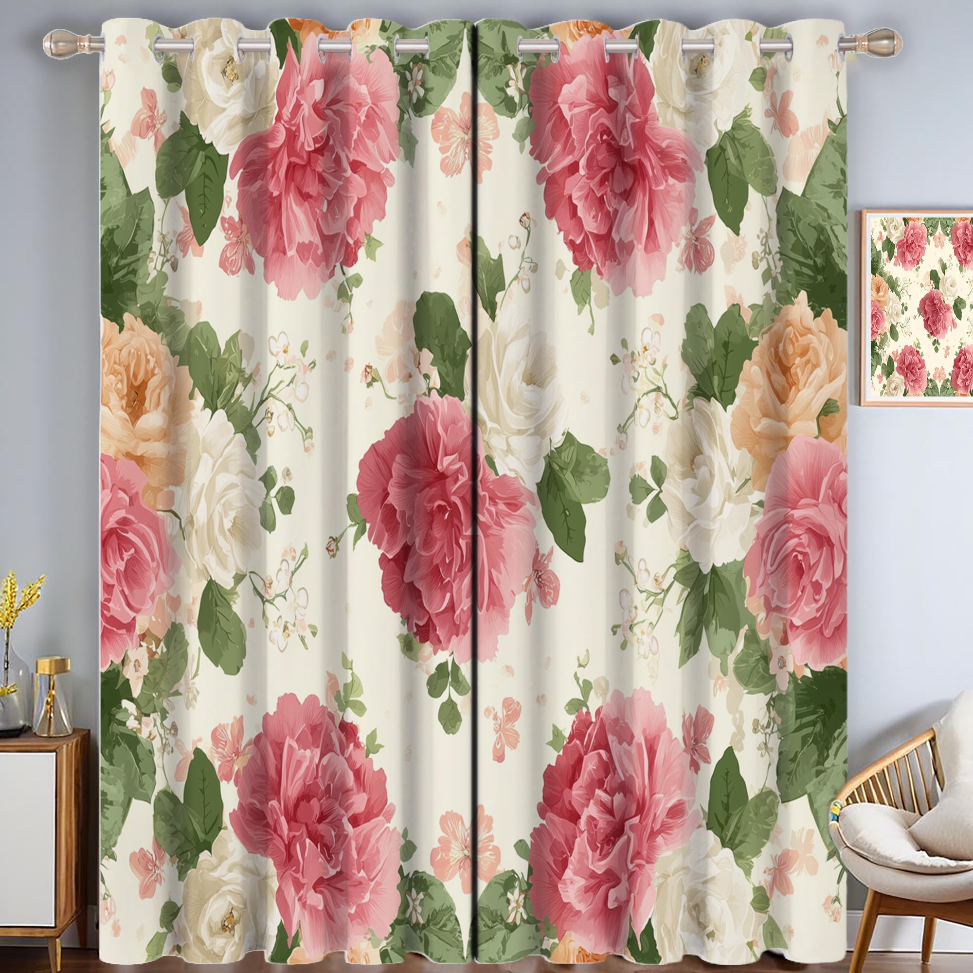 Rideaux occultants 140x260 cm lot de 2 avec œillets motif floral rose