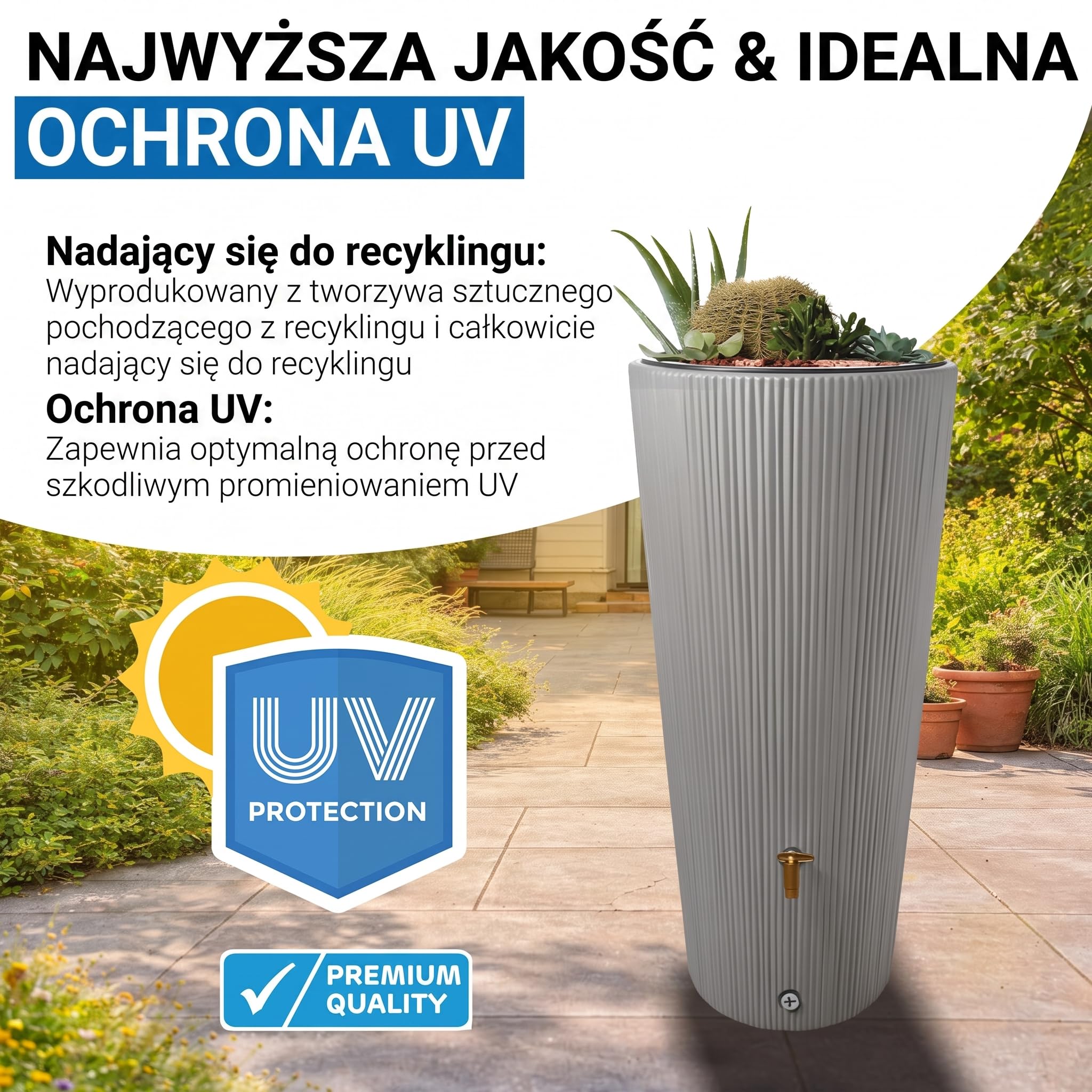 4rain VASO 2w1 DECOR zbiornik na deszczówkę 220 l, szary cynkowy | z kranem spustowym z tworzywa sztucznego i przyłączem do rury spustowej