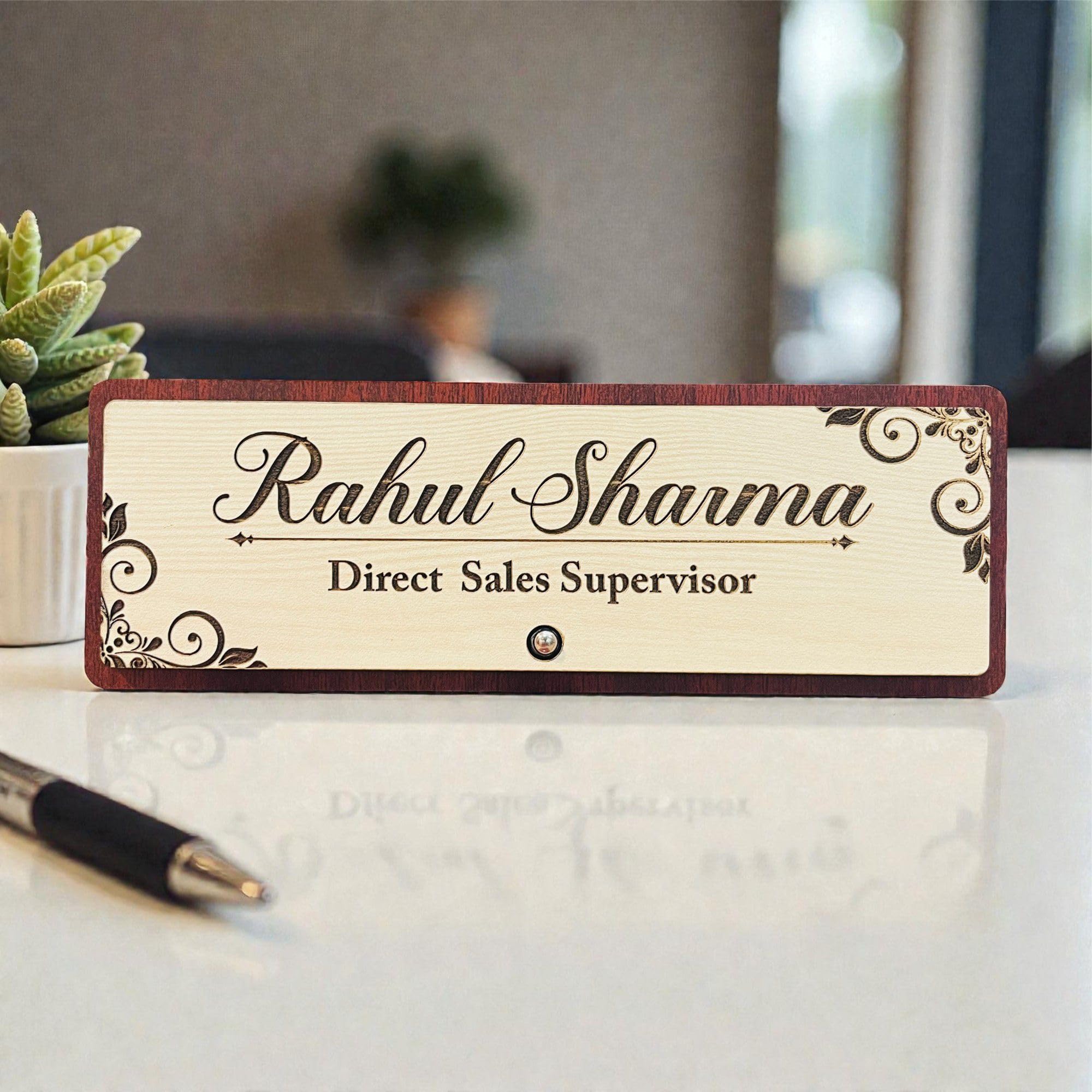 Customized Wooden Desk Name Plate (8.5 x 3 Inch) | Personalized Office Table Name Plate with Designation | Engraved Name Board for Cabin, Reception, Boss Gift & Corporate Decor (Design-1)-image-18
