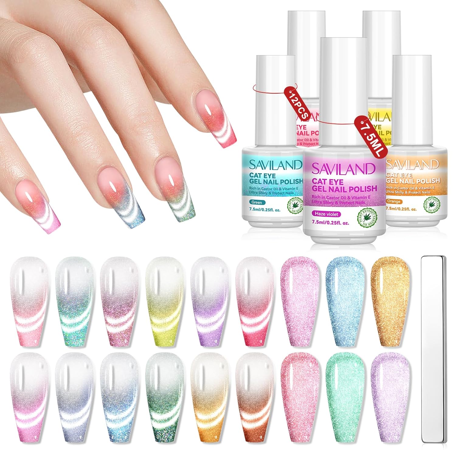 SAVILAND Glitter French Cat Eye Gel Nail Polish: 12PCS Glitter Plant-based Magnetic Nail Polish Castor Oil Vitamin E Sparkle U V LED Reflective Gel Polish Magnet Starter Nail Tech Women Nail Salon