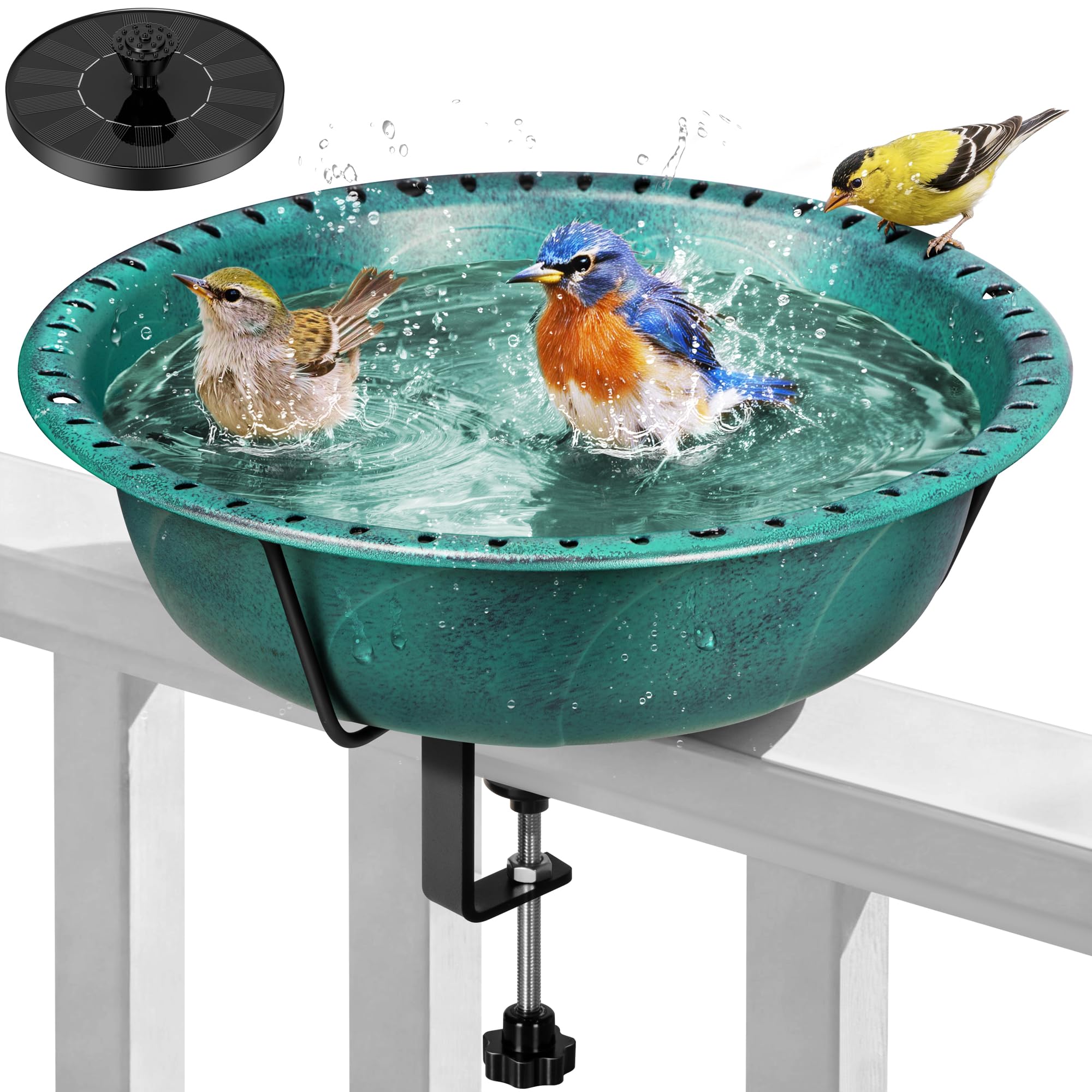 VIVOHOME Deck Mounted Bird Bath with Solar Fountain, Outdoor ABS Birdbath Bowl with Adjustable Metal Clamp, Solar Powered Pump for Railing, Fence, Balcony, 1.45 Gallons, Green