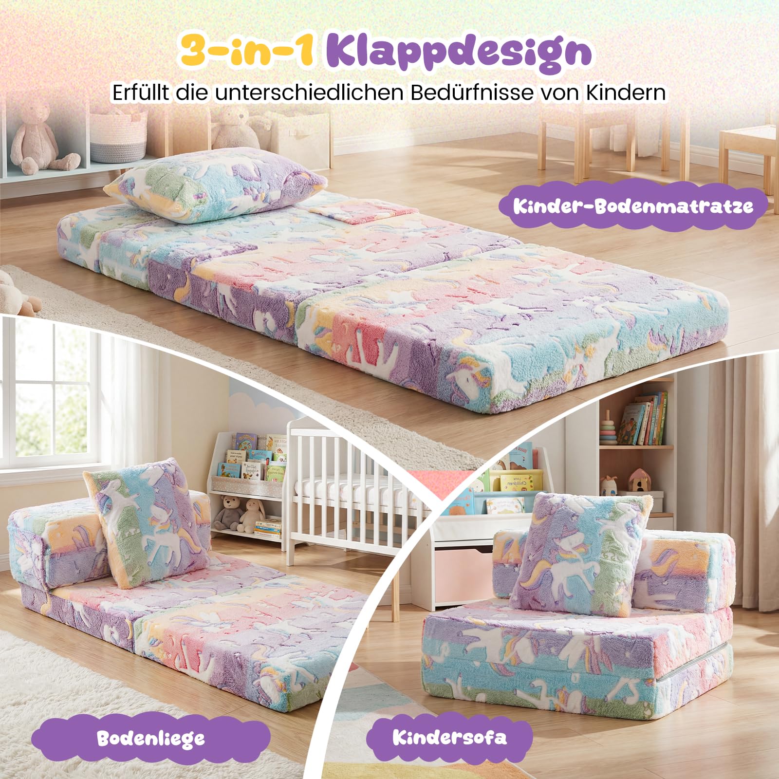 COSTWAY Sofa dziecięca 3 w 1 świecąca w ciemności, składany fotel z poduszką i zdejmowanym pokrowcem, wyściełana sofa do zabawy z funkcją spania do pokoju dziecięcego, kolorowy