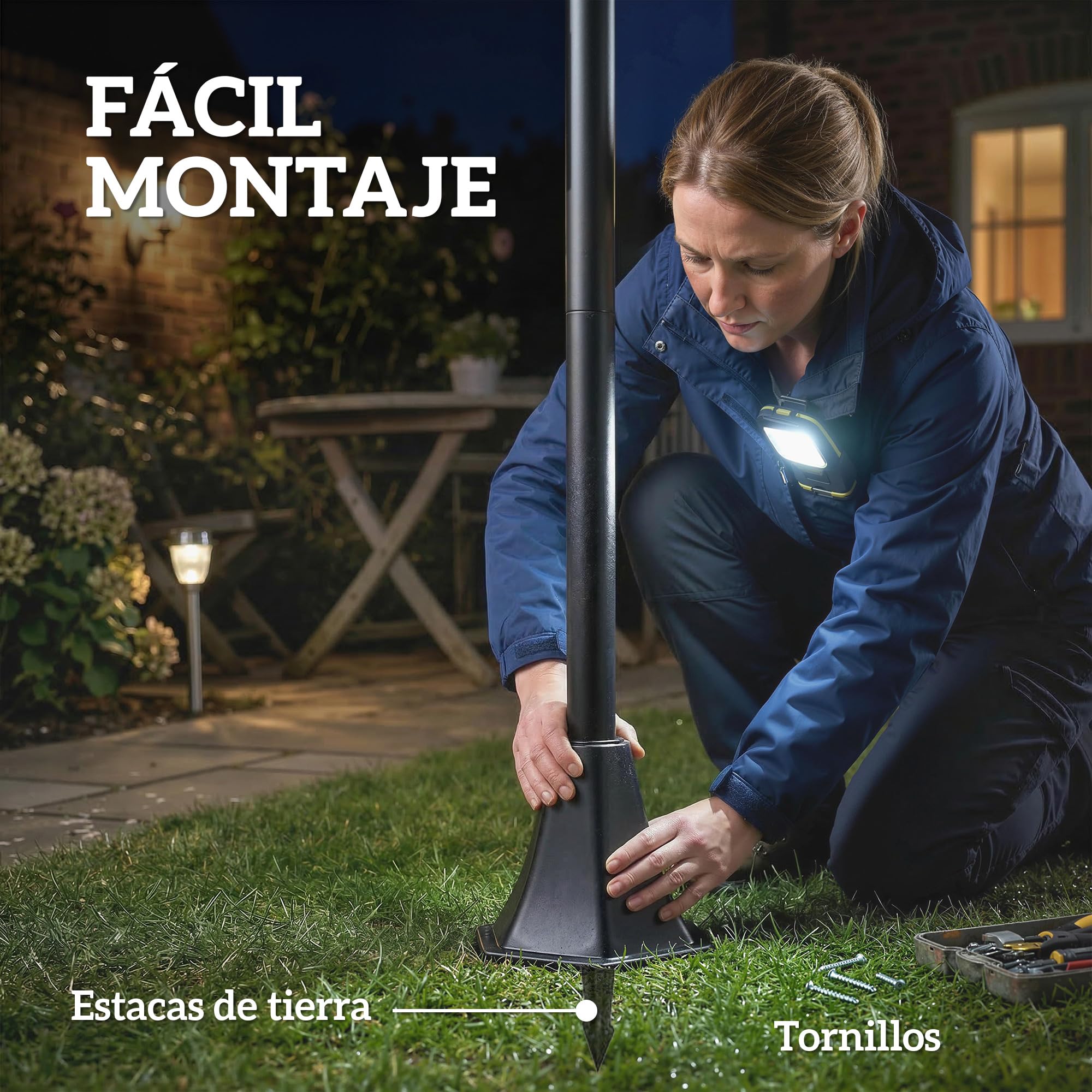 Outsunny Set de 2 Farolas Solares de Jardín, Luces Solares de Exterior de Acero Inoxidable con Altura Ajustable, 2 Modos de Brillo, IP44 Impermeable, para Terraza, Patio, 23,5x23,5x186 cm, Negro