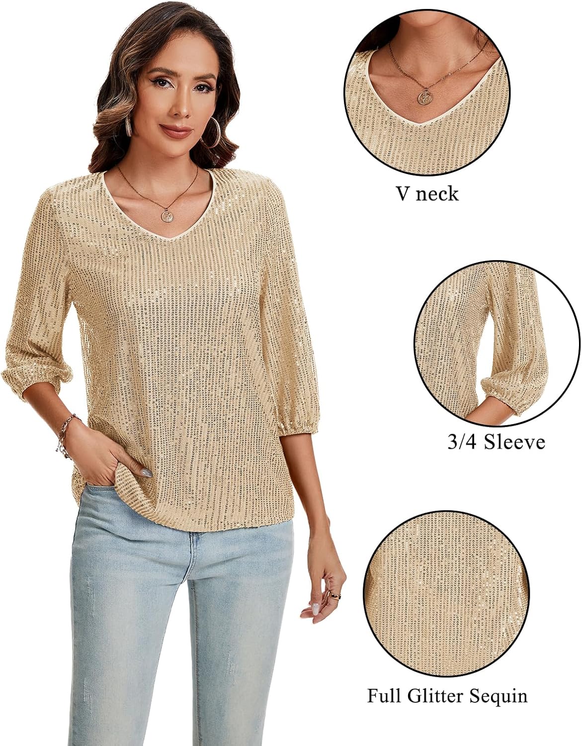 Women's Sparkly Sequin Tops 3/4 Sleeve Glitter Dressy Blouses V-Neck Club Party Tops