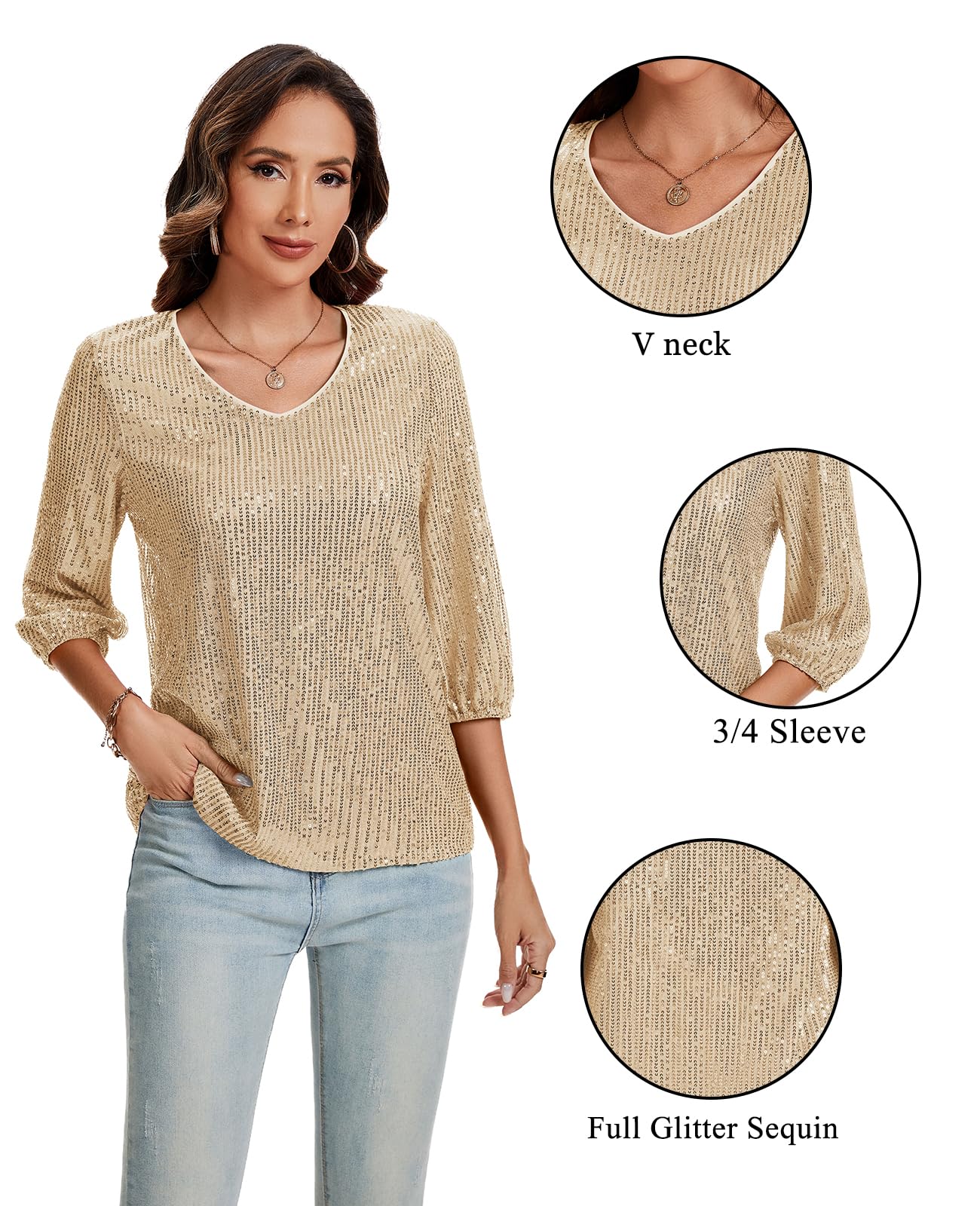 Top da donna con scollo a V con paillettes maniche a 3/4 con polsino elastico, camicie per feste da sera, corpo intero con glitter scintillanti, abito elegante completamente foderato