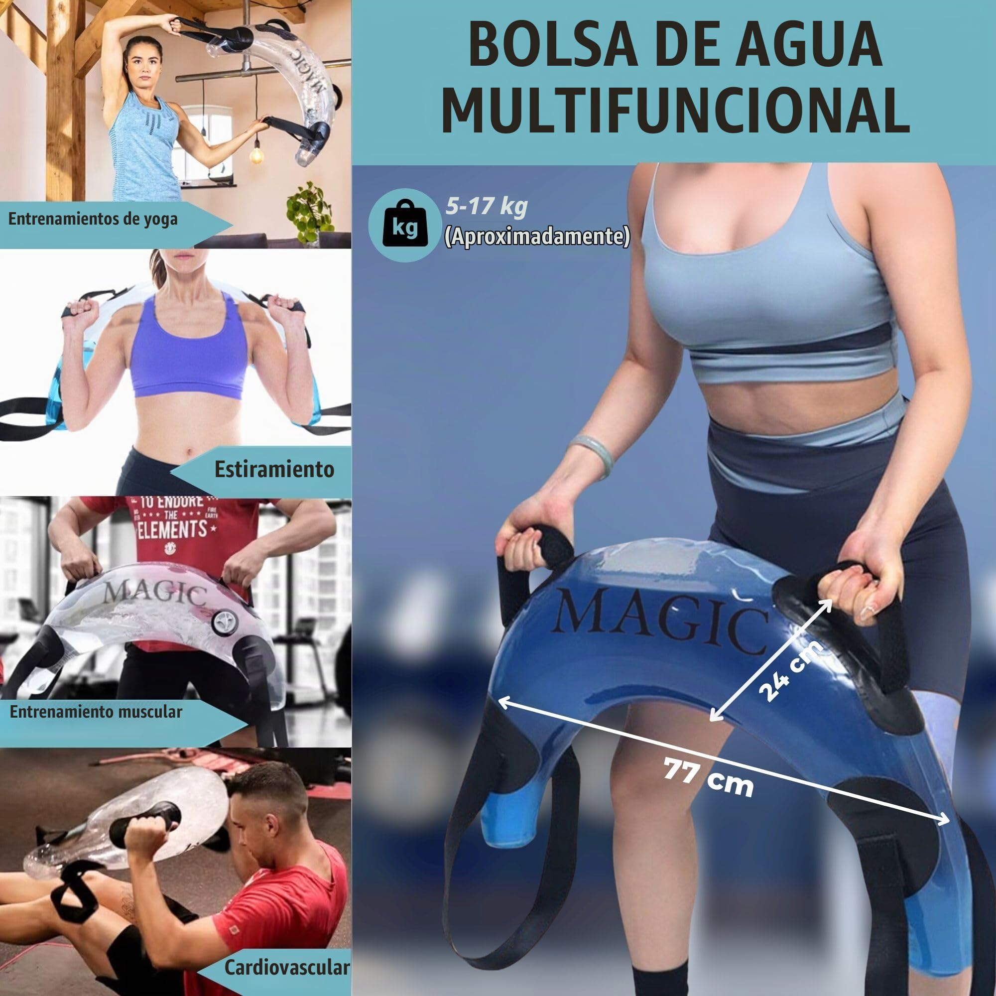 Saco Peso de Entrenamiento. Bolsa de Agua para Fitness. Aqua Power Bag 5-20 Kg. Bolsa de Agua Peso Ajustable y Portátil, para Entrenamiento de Fitness, Equilibrio, Fuerza, Pesas, Yoga, etc