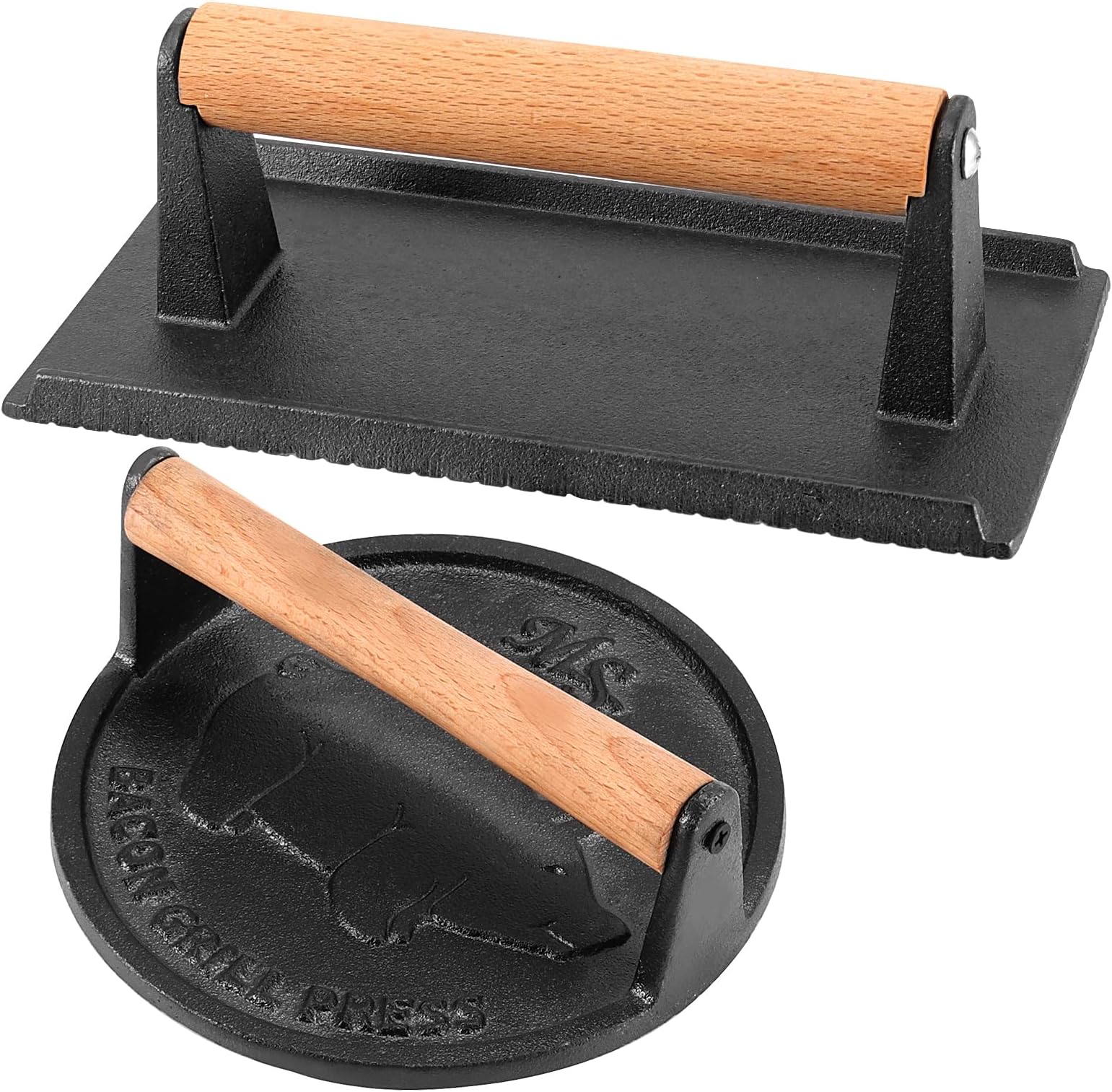 2 Pack Black Cast Iron Grill Press, 7 x7 Inch Round and 8 x 4 Inch Rectangle Heavy Weight Bacon Press with Wooden Handle, Steak Weights for Grill Burgers Bacon Bread
