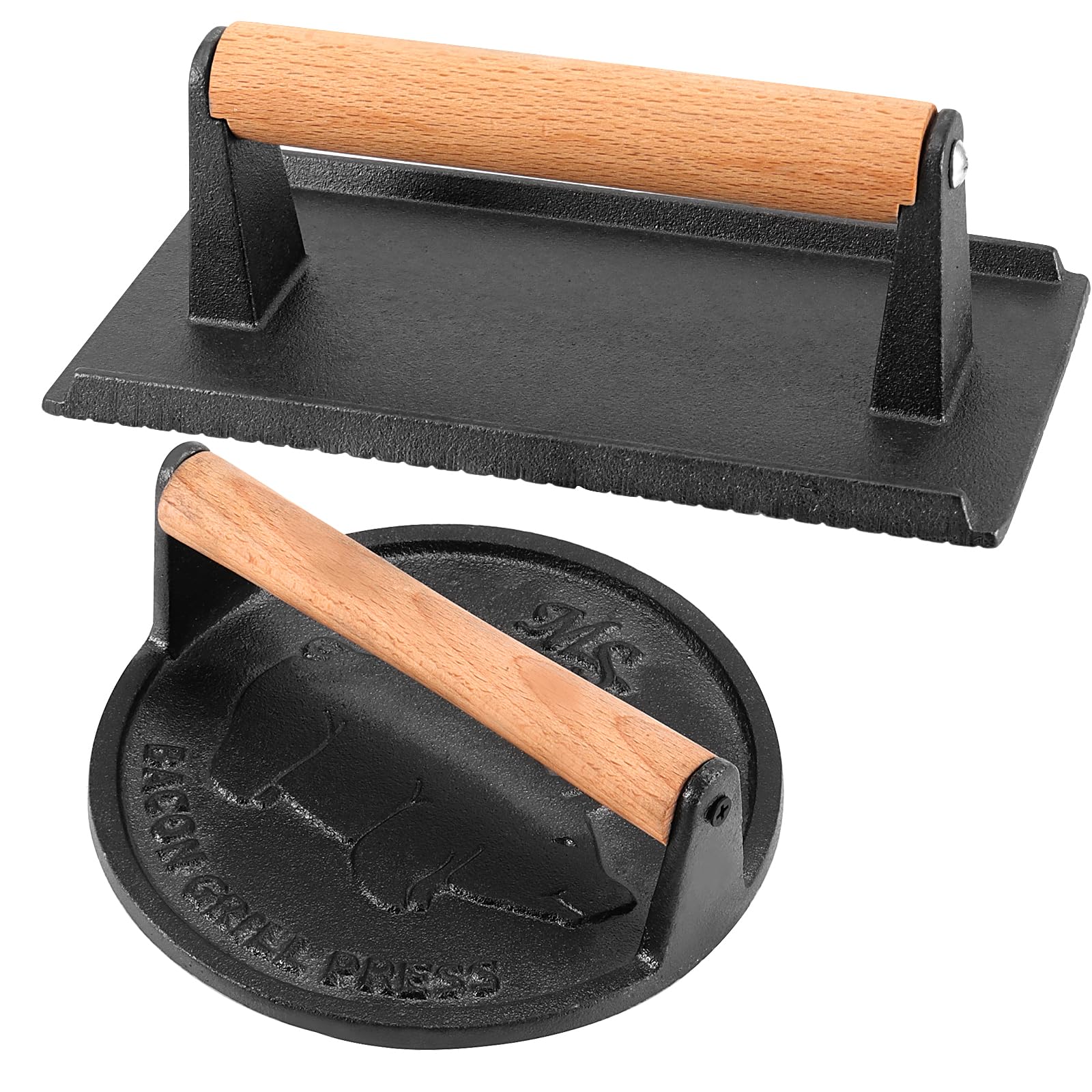 2 Pack Black Cast Iron Grill Press, 7 x7 Inch Round and 8 x 4 Inch Rectangle Heavy Weight Bacon Press with Wooden Handle, Steak Weights for Grill Burgers Bacon Bread