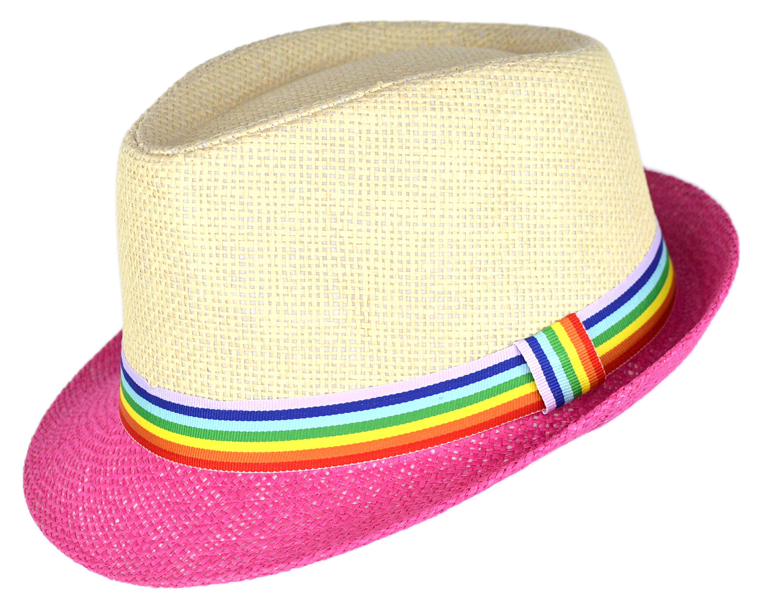 Super Cute Natural and Pink Straw Fedora Hat with Rainbow Ribbon Hatband (Natural and Pink)