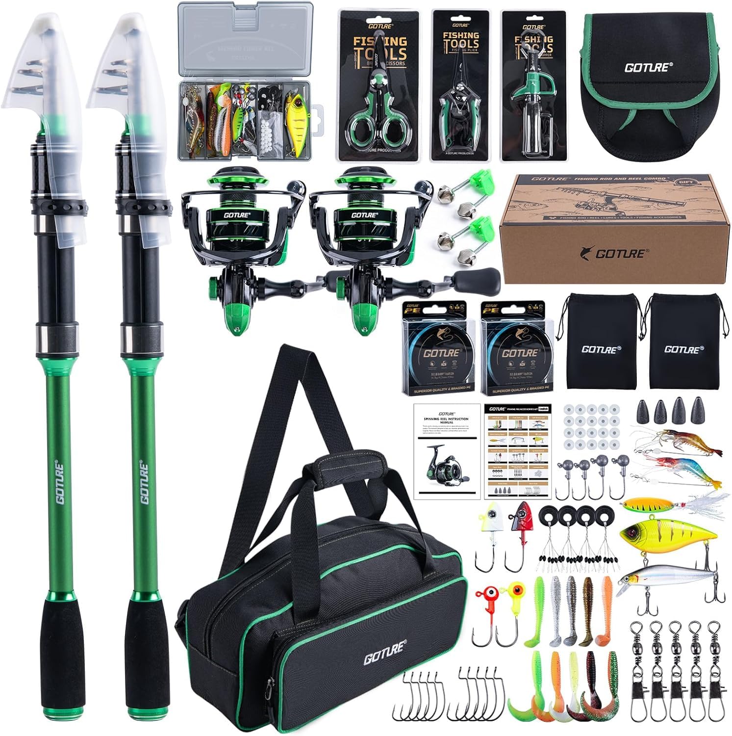 Goture Set da pesca con 2 canne da pesca telescopiche, 1,8 m/2,1 m/2,4 m/2,7 m, set completo di 2 mulinelli 5.2:1, set di attrezzi da pesca, scatola per esche e borsa per il trasporto, per acqua