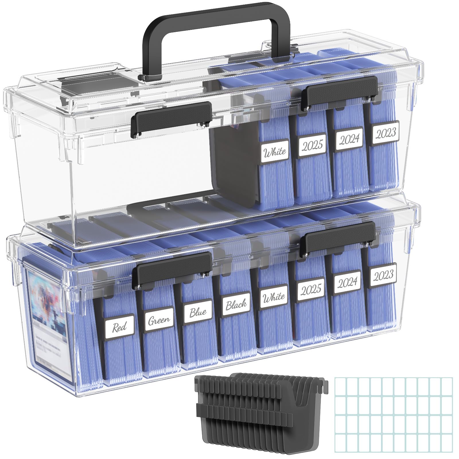 Lifewit Trading Card Storage Box fit for Toploader, Stackable Reinforced Latch Case with 8 Adjustable Dividers, Writable Labels, Organizer for MTG TCG Sports Baseball Bulk Cards, 2 PCS