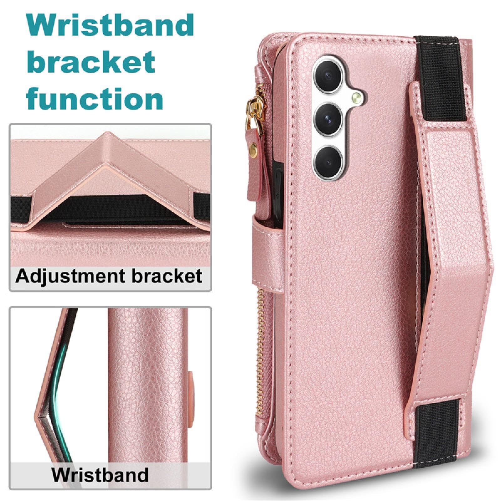 Für Samsung A72 (4G 5G) Handschlaufe Leder Reißverschluss Brieftasche Karte Handyhülle Lanyard Flip Cover (Für Samsung A72 (4G 5G)/schwarz)