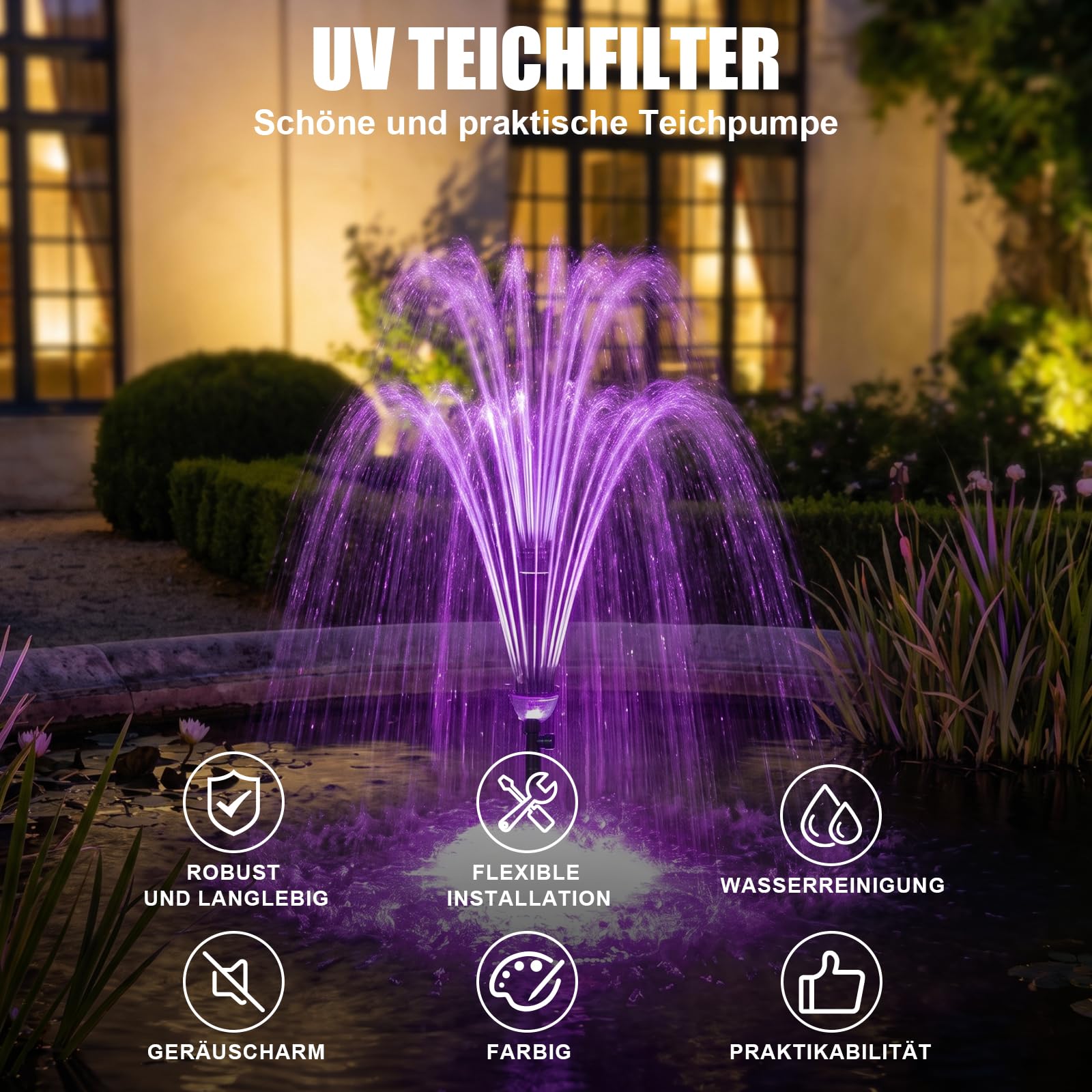 45W Teichfilter mit UV Klärer und RGB Beleuchtung mit 3 Springbrunnen