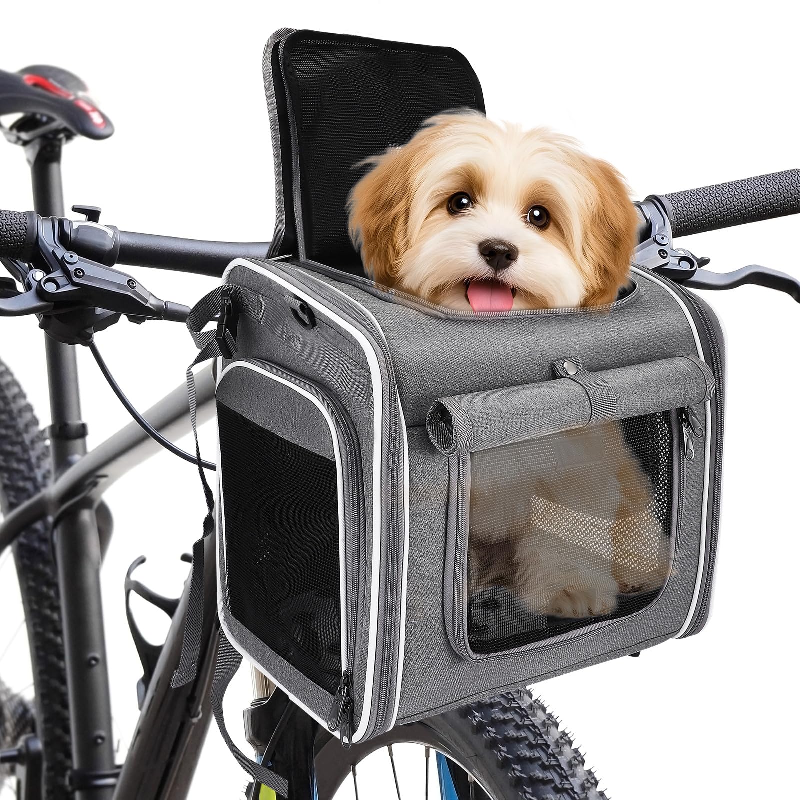 Cesta para perros delantera para bicicleta, 4 en 1, cesta para perros expandible, cesta de bicicleta para perros con 4 ventanas de malla, 4 puertas abiertas, bolsa de viaje para gatos pequeños y