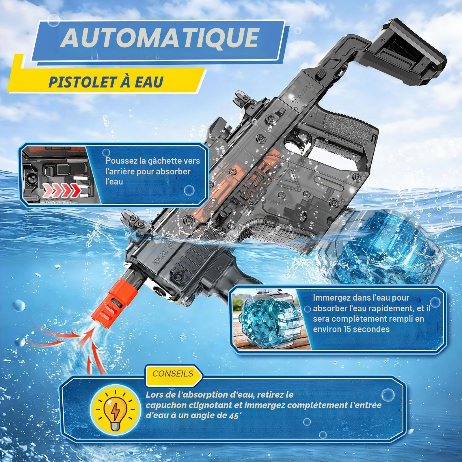 JONRRYIN Pistolet à Eau Électrique Rechargeable, Jet Puissant 8–10 m, Réservoir 600 ML, Double Remplissage Auto & Manuel, Embout Lumineux Amovible, Jouet d’Été pour Piscine, Plage, Jardin (Noir)