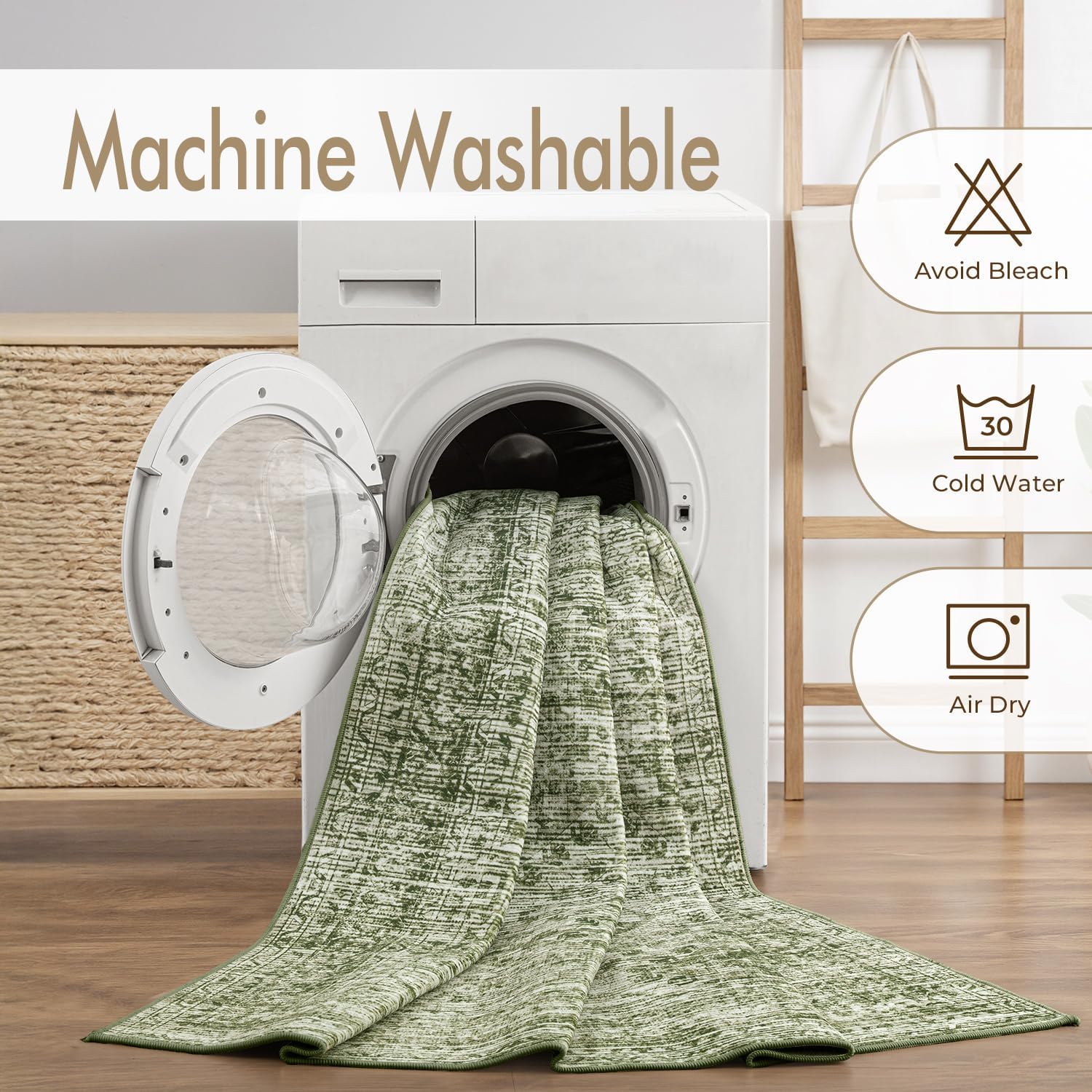 MIULEE 8x10 Vintage Washable Area Rugs Living Room Rug Low Pile Spring Boho Floor Mat for Bedroom Dining Room Under Kitchen Table, Non-Slip Stain Resistant Soft Large Carpet for Home Decor, Green