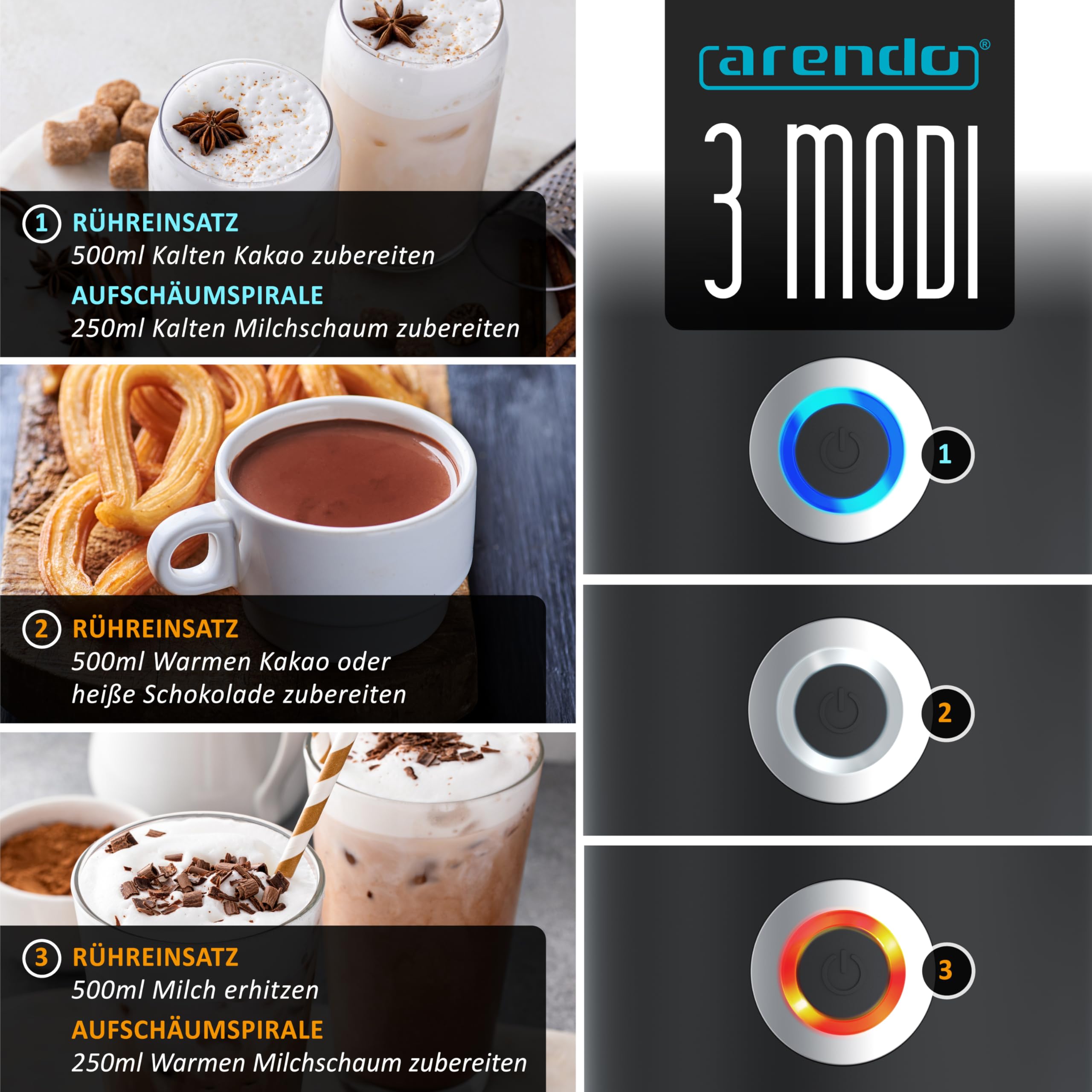 Arendo - Milchaufschäumer Induktion - elektrisch 500 W – 3 Programme – heiß und kalt aufschäumen – 250 ml Aufschäumen – 500 ml Erhitzen – Antihaftbeschichtung – Cappucino/Latte Macciato
