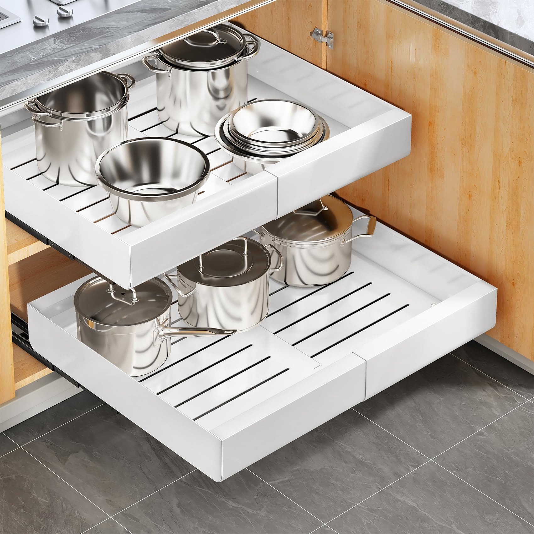 Pull Out Cabinet Organiser, Extendable Slide Out Drawer Storage Shelves for Kitchen Cupboard with Adhesive Film, Sliding Drawer Organiser Shelf, (43 Depth x 30-50 Width x 5.8 Height CM)