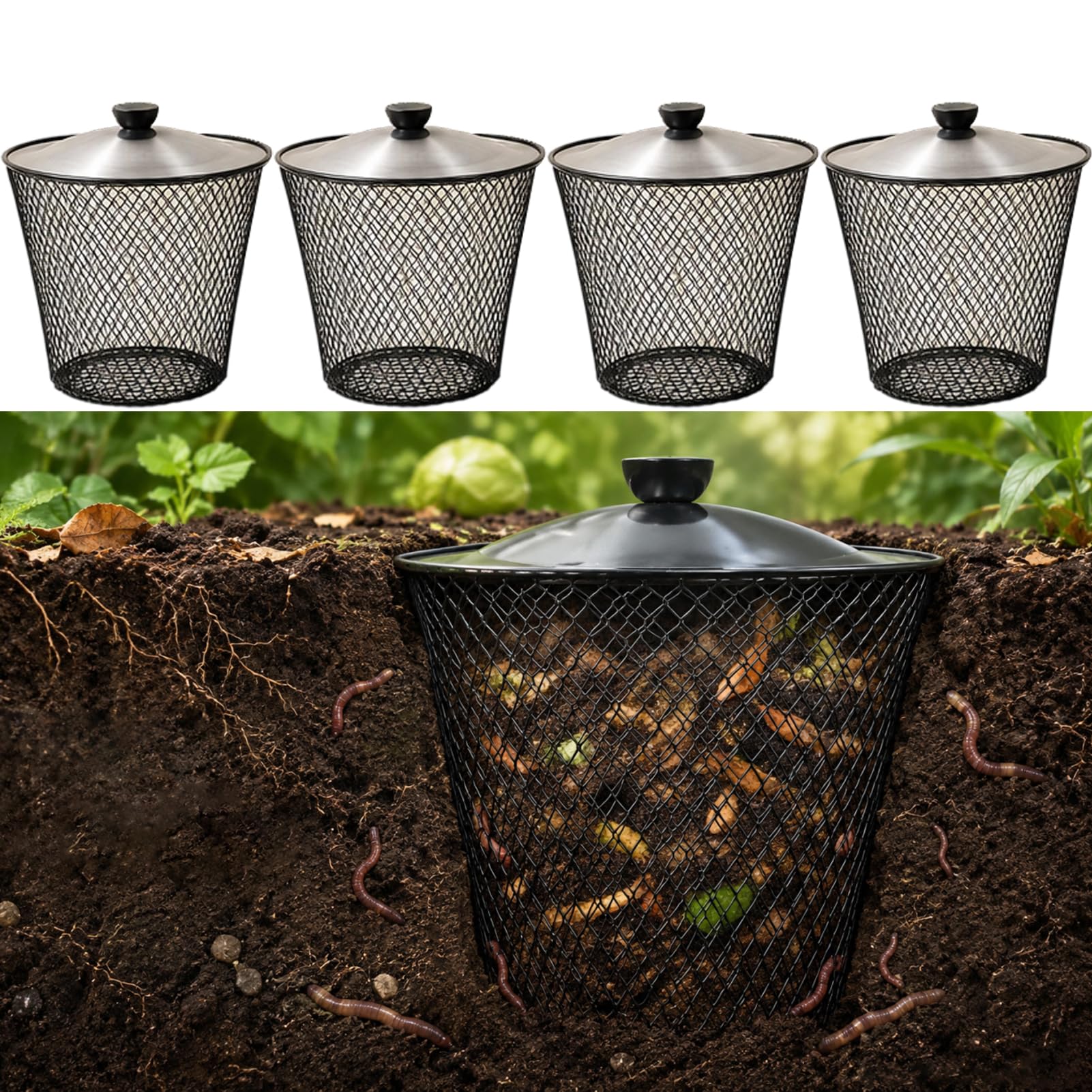 10L Unterirdisch Wurmkomposter Metall mit Deckel,4/6/8 Stück Küchen&Gartenabfälle Beetkomposter aus Metallgitterkörbe für Hochbeet, Garten, Hof und Außenbereich,Silber,4 Set