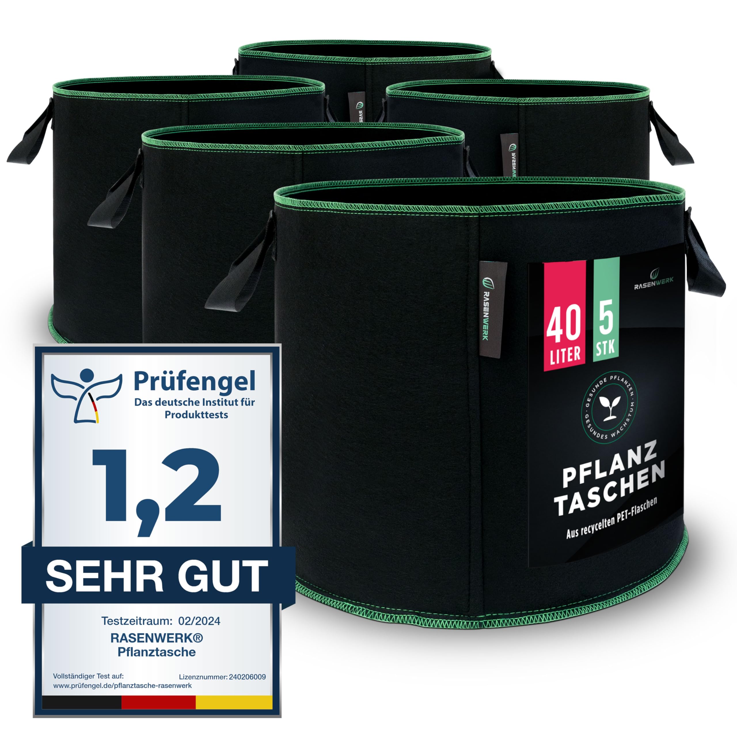 Sac à Plantes 40 Litres en Non-tissé pour Jardin, Serre & Balcon - pour Fleurs, Tomates et Plantes - Alternative Idéale au Pot de Fleurs - 5 Pièces