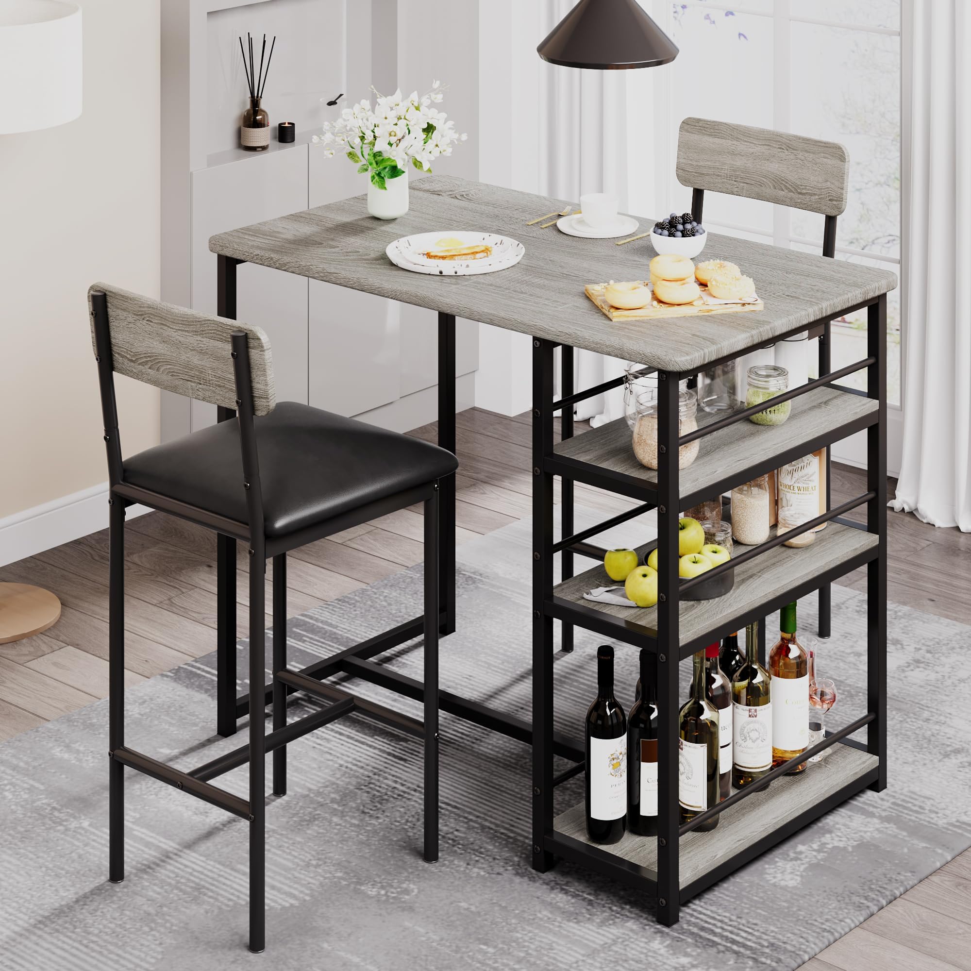 GarveeHome Set di 3 tavoli rialzati – 1 tavolo + 2 sedie imbottite, tavolo da cucina compatto con 3 ripiani, salvaspazio e stabile, metallo + MDF, ideale per cucina, bar e angolo colazione, grigio